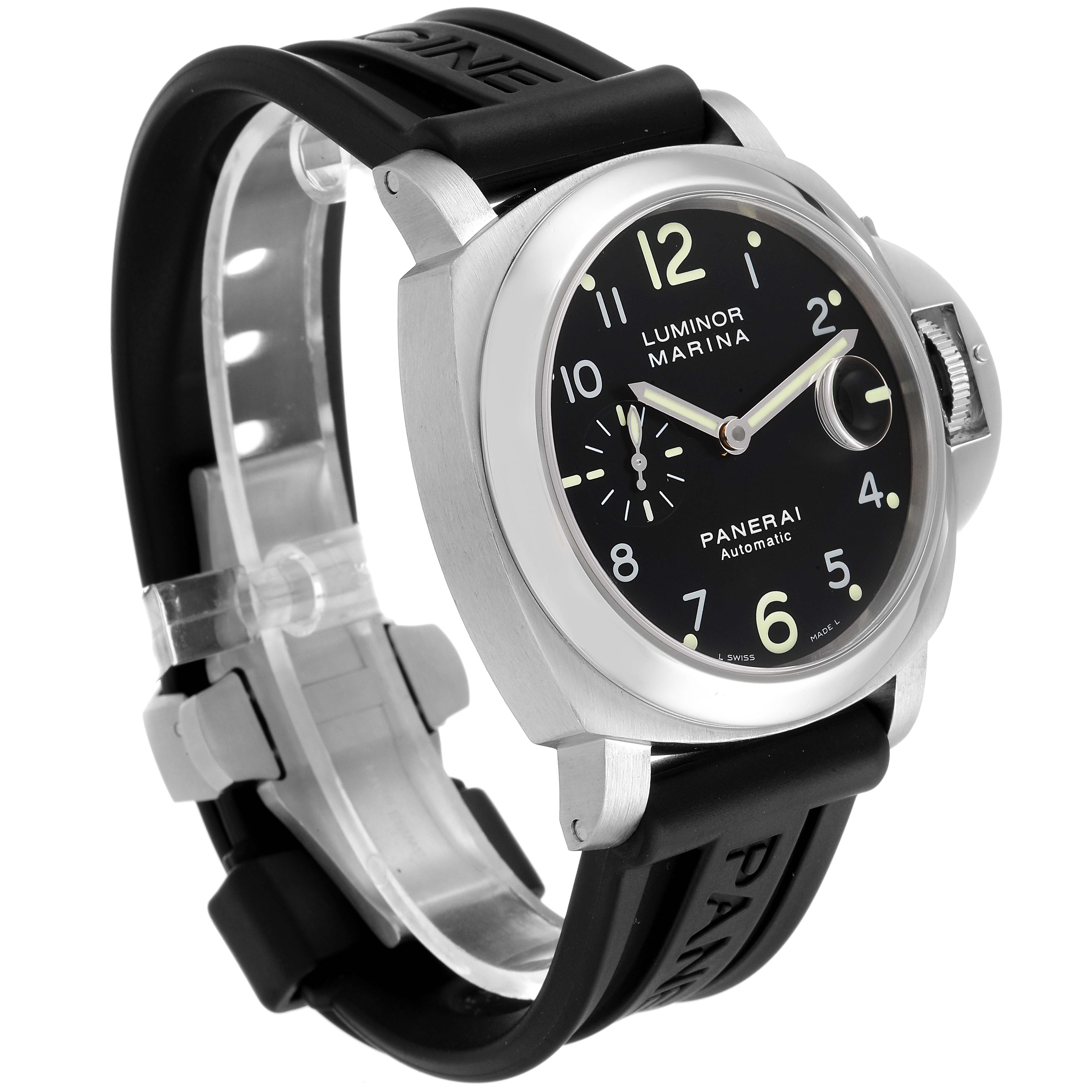 The image shows a Panerai Luminor PAM00164 Men's Stainless Steel Black Dial PAM00164 Men's Stainless Steel Black Dial Marina watch from an angled front view, highlighting its black dial and rubber strap.