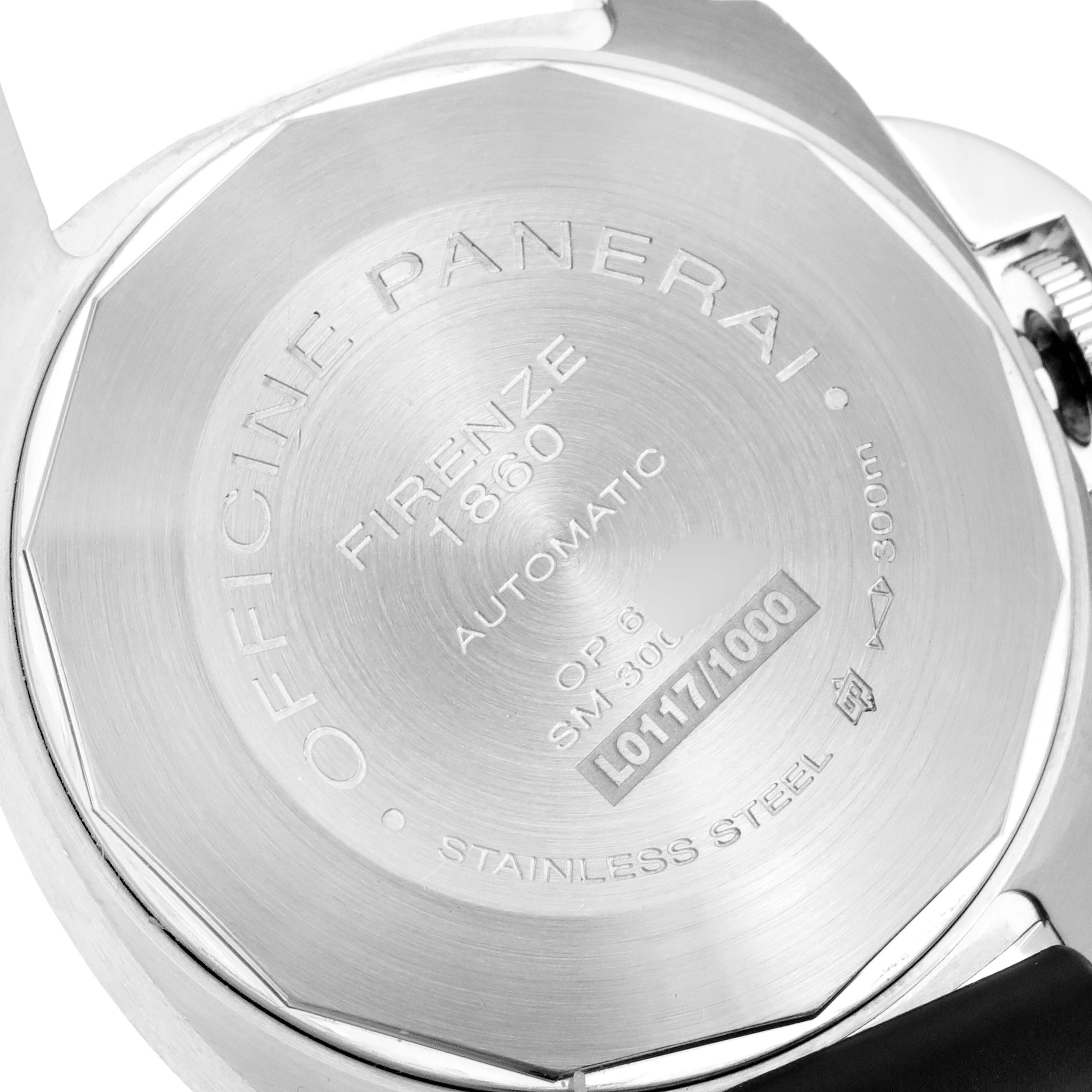The image shows the back case of a Panerai Luminor PAM00164 Men's Stainless Steel Black Dial PAM00164 Men's Stainless Steel Black Dial watch, displaying engravings and specifications.