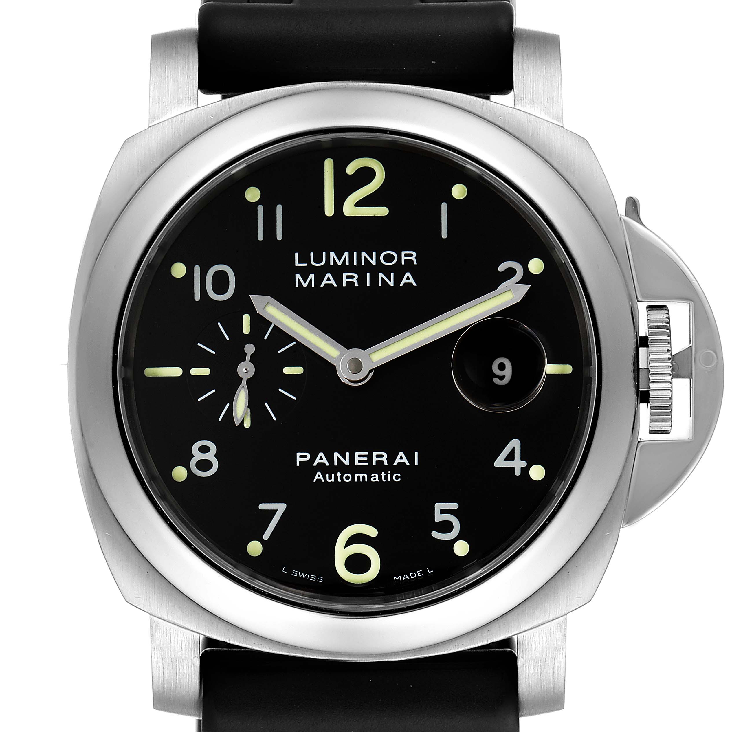 This image shows a front view of a Panerai Luminor PAM00164 Men's Stainless Steel Black Dial PAM00164 Men's Stainless Steel Black Dial Marina watch, featuring its black dial and silver casing.
