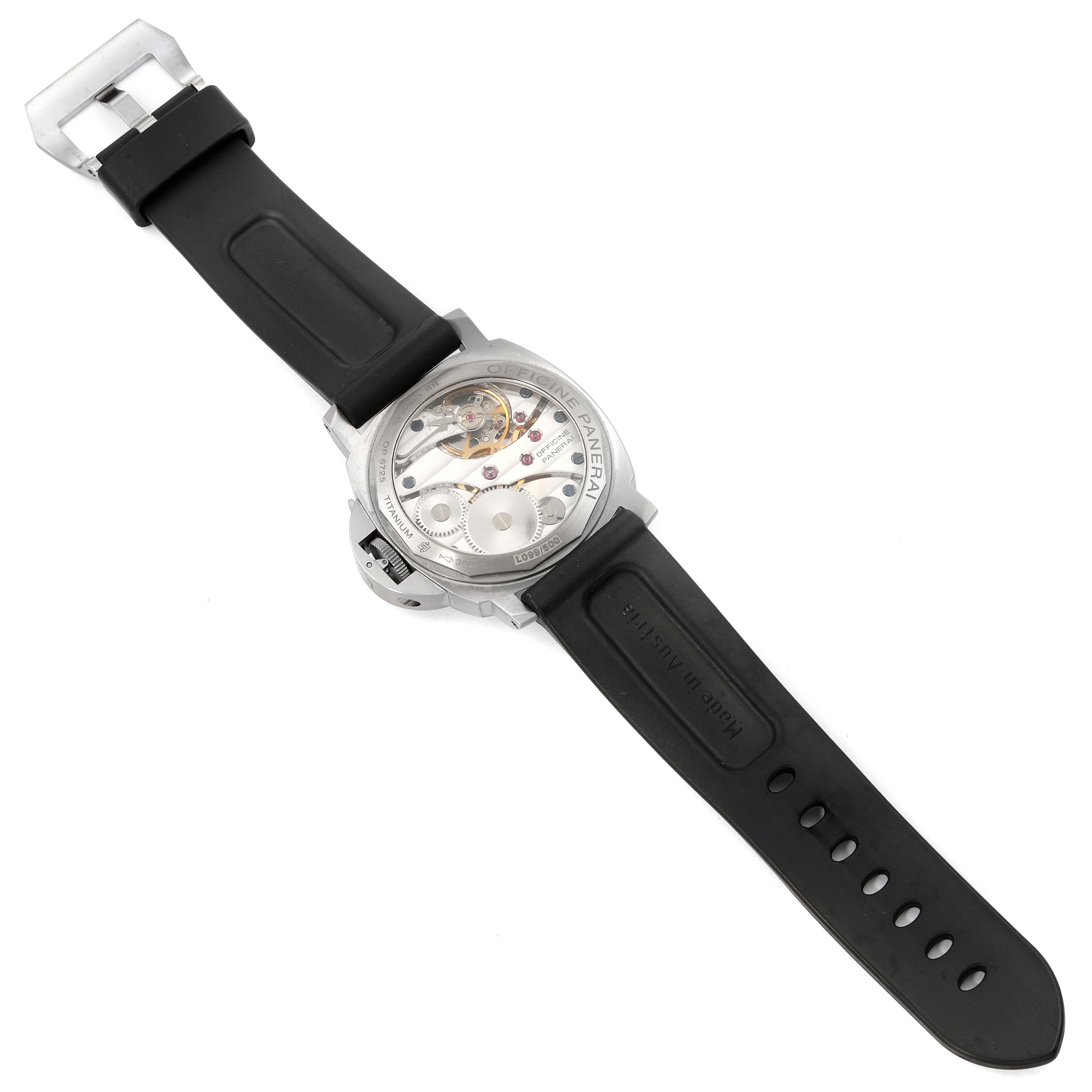 The image shows the back view of a Panerai Luminor PAM00177 Men's Titanium Black Dial PAM00177 Men's Titanium Black Dial watch, highlighting its transparent case back and internal mechanical components.