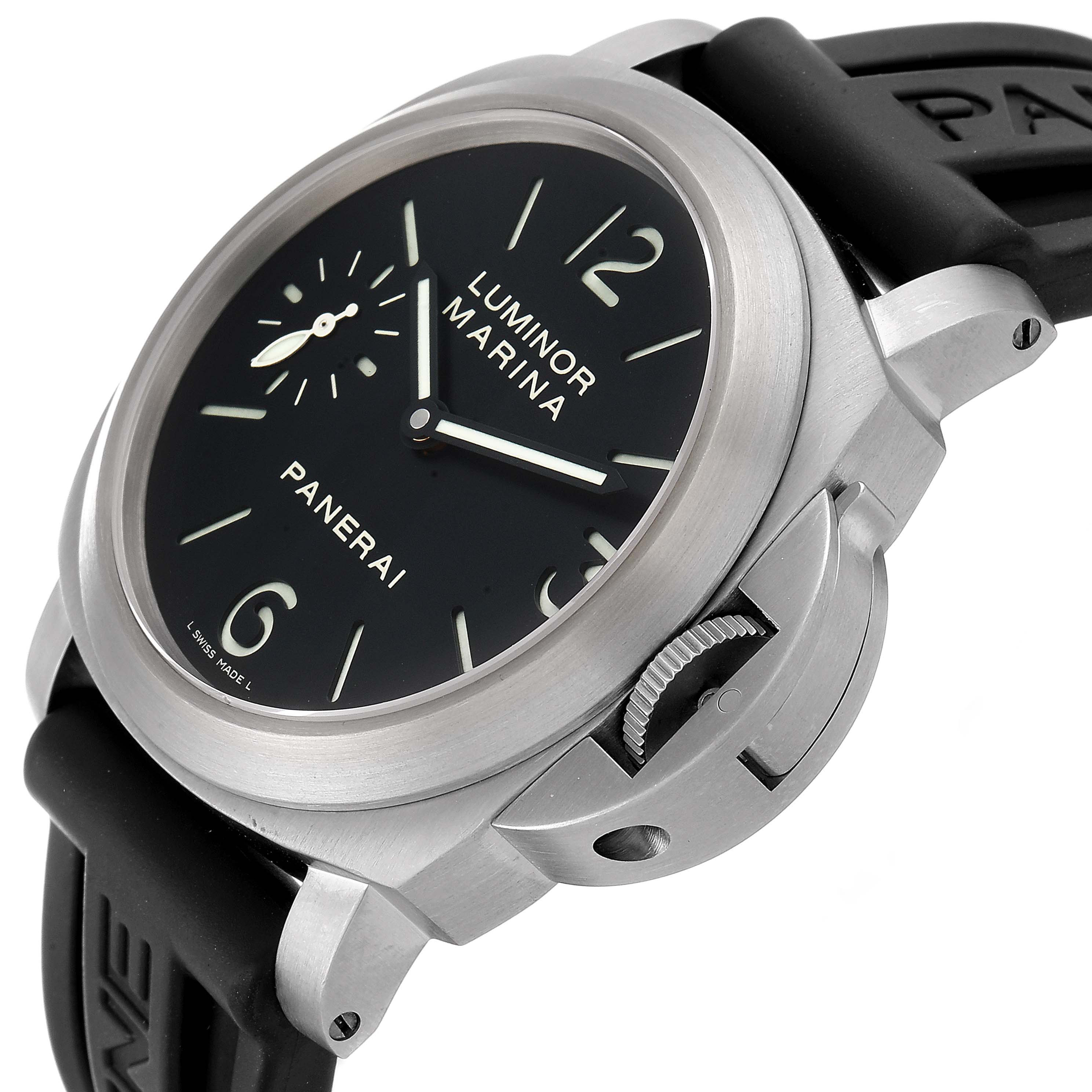 The image shows a Panerai Luminor PAM00177 Men's Titanium Black Dial PAM00177 Men's Titanium Black Dial watch at a three-quarter angle, highlighting its black dial, crown guard, and rubber strap.