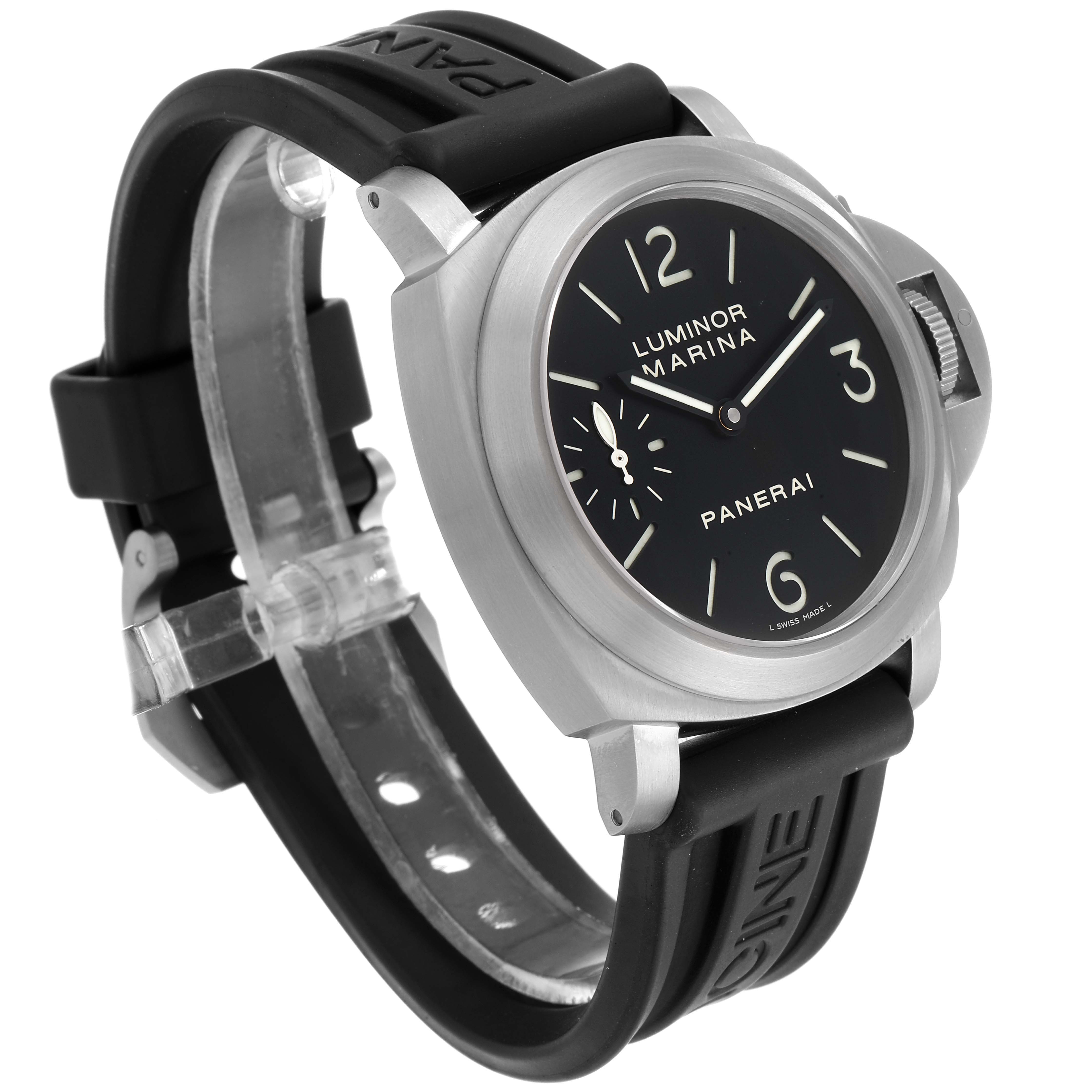 The image shows a Panerai Luminor PAM00177 Men's Titanium Black Dial PAM00177 Men's Titanium Black Dial model watch at an angled side view, highlighting its face, case, and rubber strap.