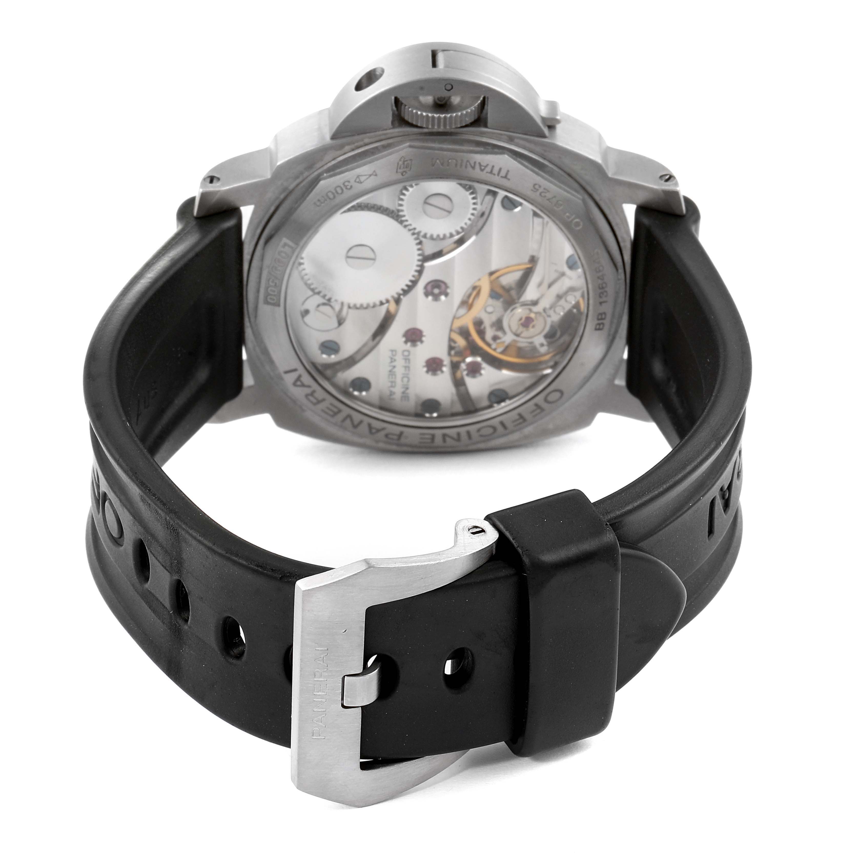 The image shows the back angle of a Panerai Luminor PAM00177 Men's Titanium Black Dial PAM00177 Men's Titanium Black Dial watch, displaying its transparent caseback, internal gears, and black rubber strap.