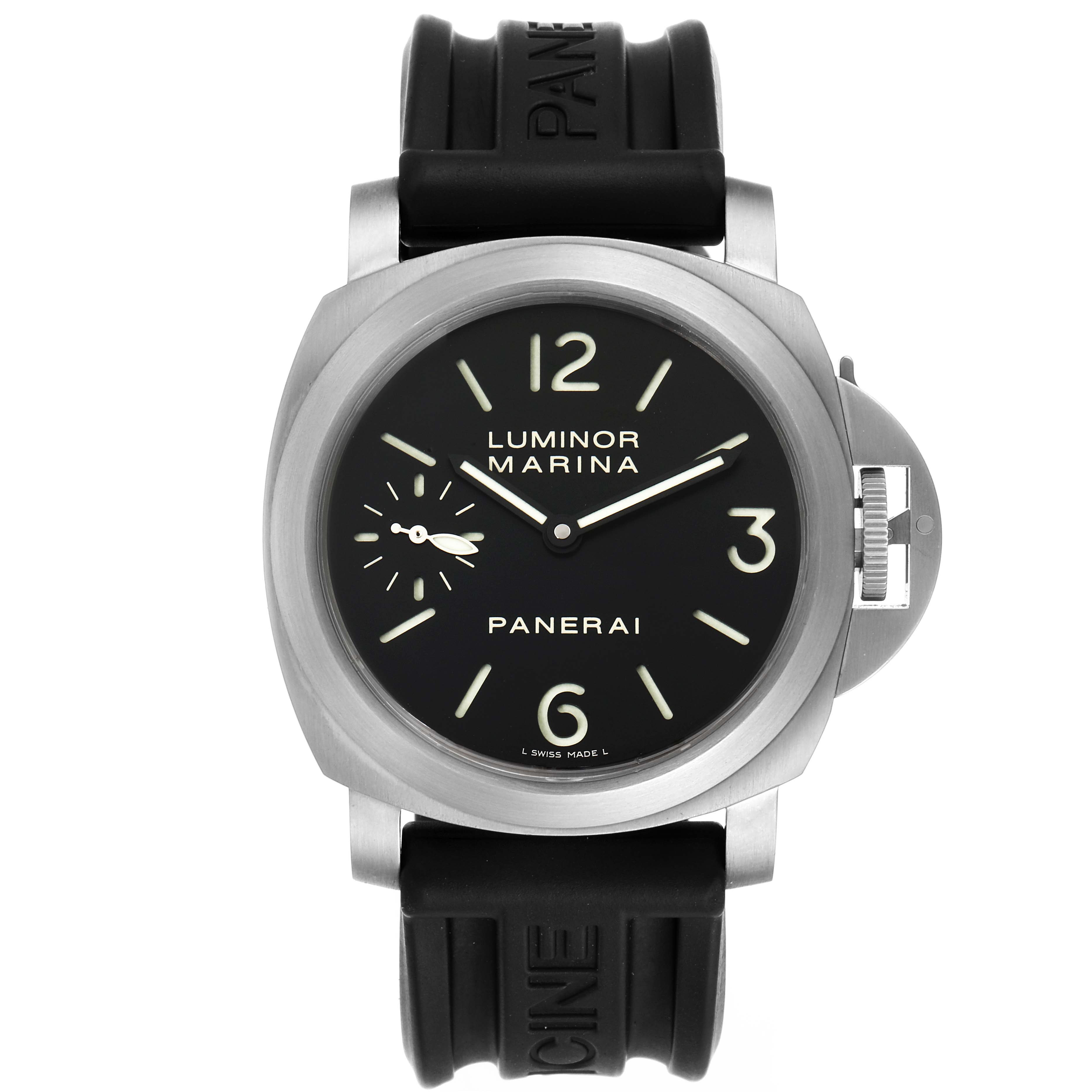 This image shows a front view of a Panerai Luminor PAM00177 Men's Titanium Black Dial PAM00177 Men's Titanium Black Dial watch, displaying its black dial, case, and rubber strap.