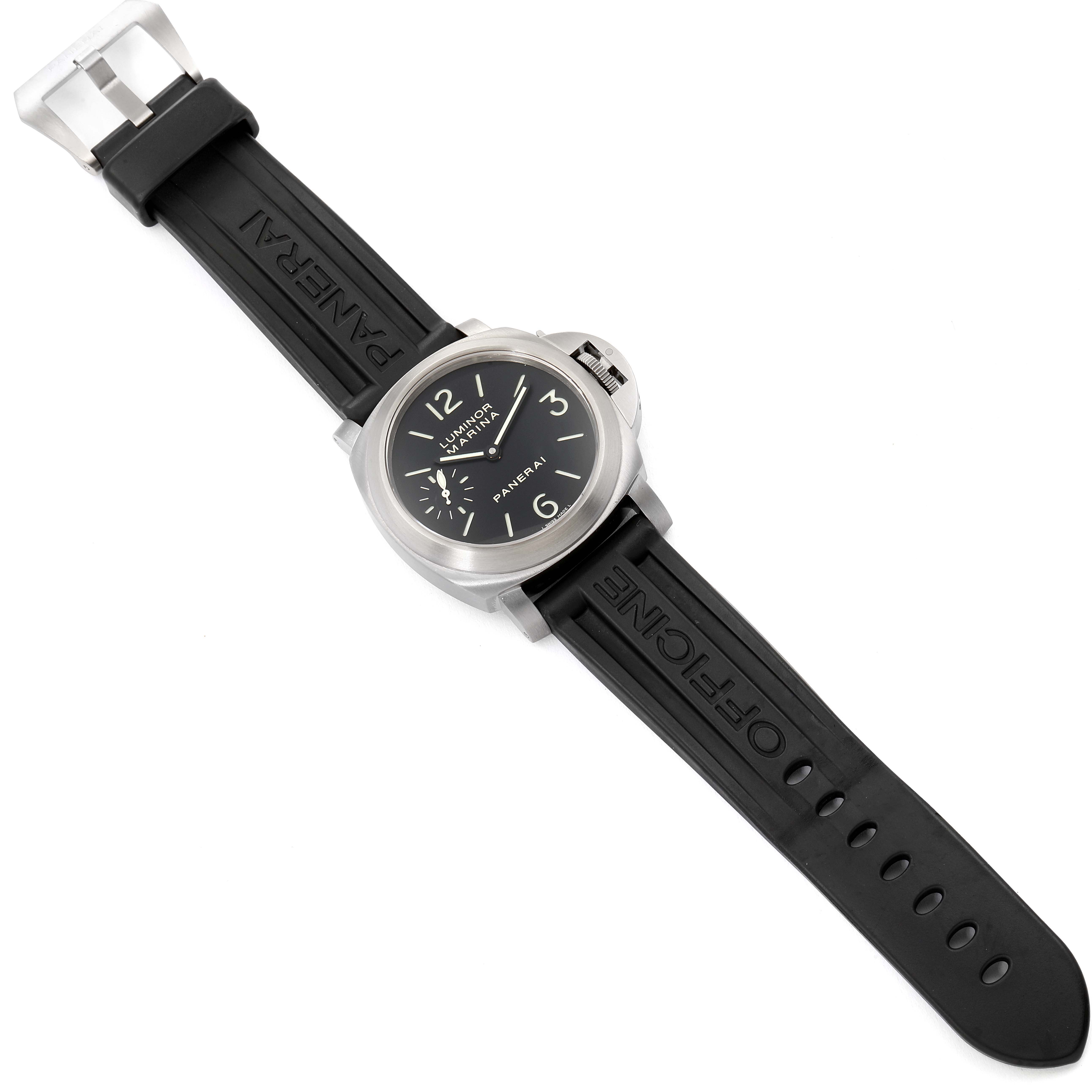 The image shows a top-down view of a Panerai Luminor PAM00177 Men's Titanium Black Dial PAM00177 Men's Titanium Black Dial watch with a black strap and silver buckle.