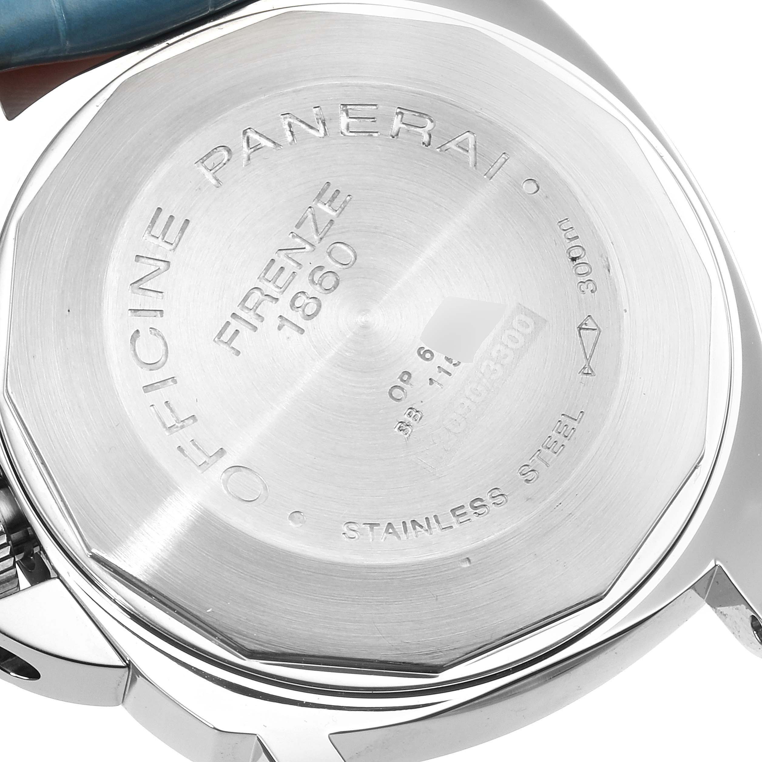 The image shows the back case of a Panerai Luminor PAM00104 Men
s Stainless Steel Black Dial PAM00104 Men
s Stainless Steel Black Dial watch, highlighting its stainless steel material and engravings.