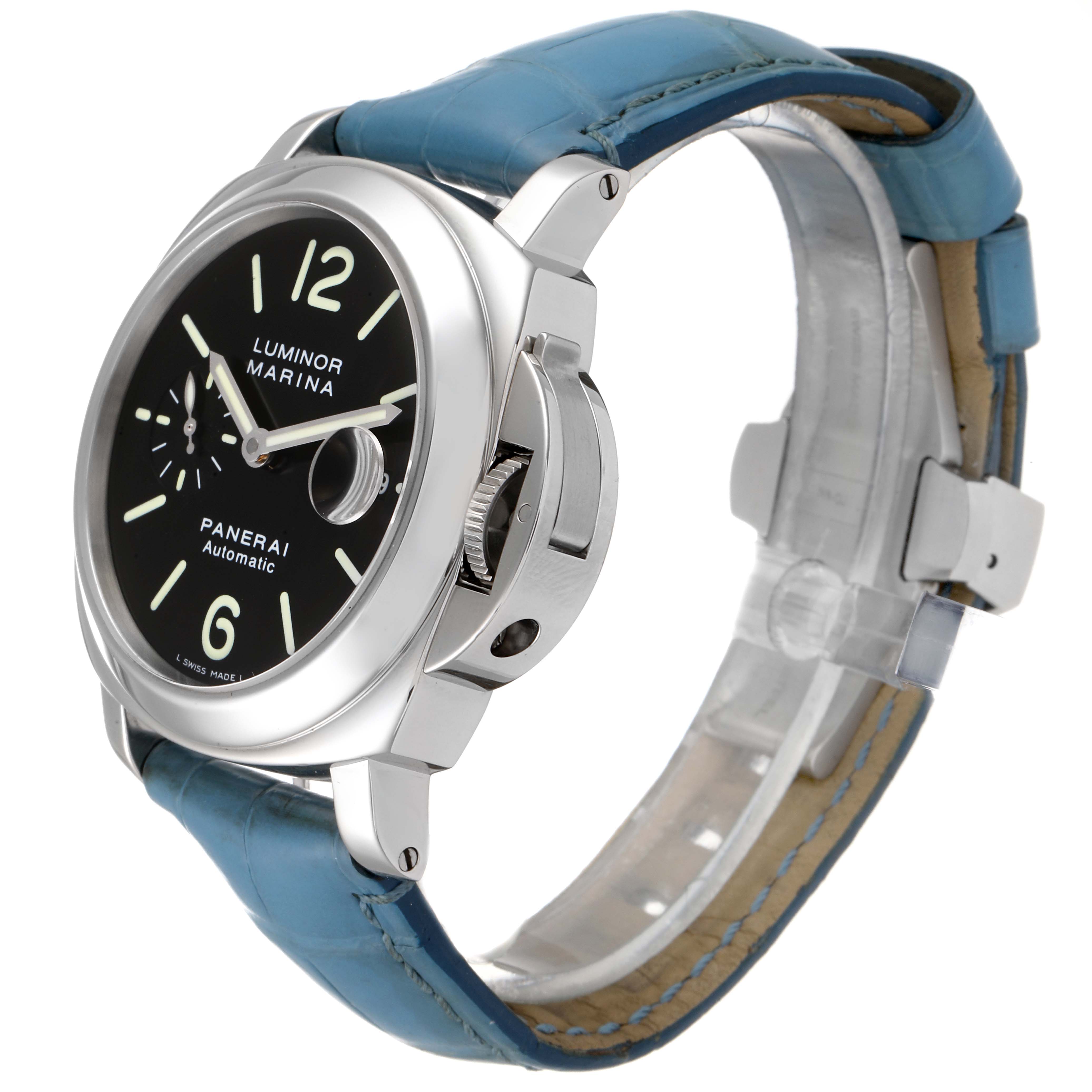 The image shows a side-angle view of a Panerai Luminor PAM00104 Men
s Stainless Steel Black Dial PAM00104 Men
s Stainless Steel Black Dial Marina watch, highlighting its face, crown guard, and blue strap.