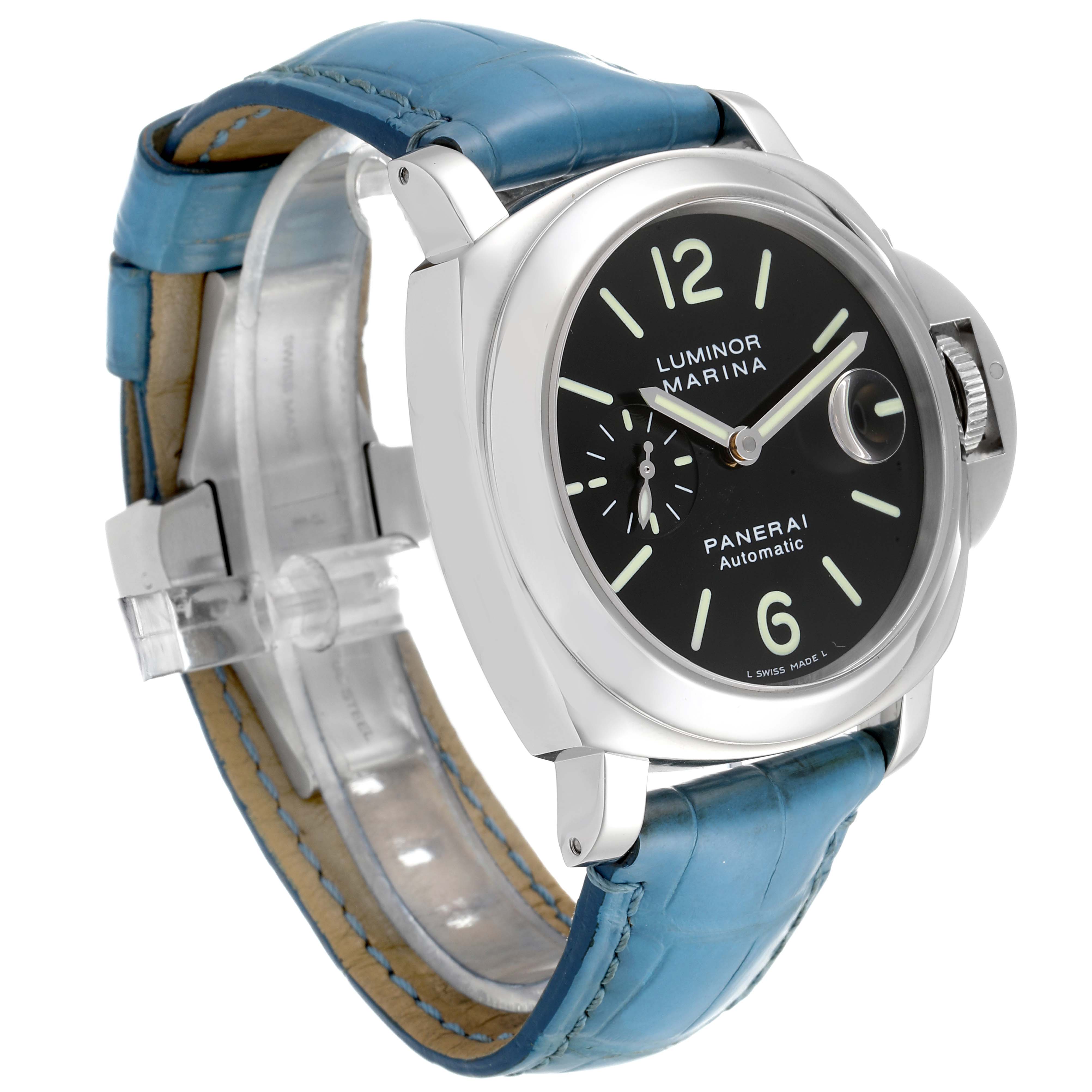 The image shows a Panerai Luminor PAM00104 Men
s Stainless Steel Black Dial PAM00104 Men
s Stainless Steel Black Dial watch at an angle highlighting the face, case, and blue leather strap.