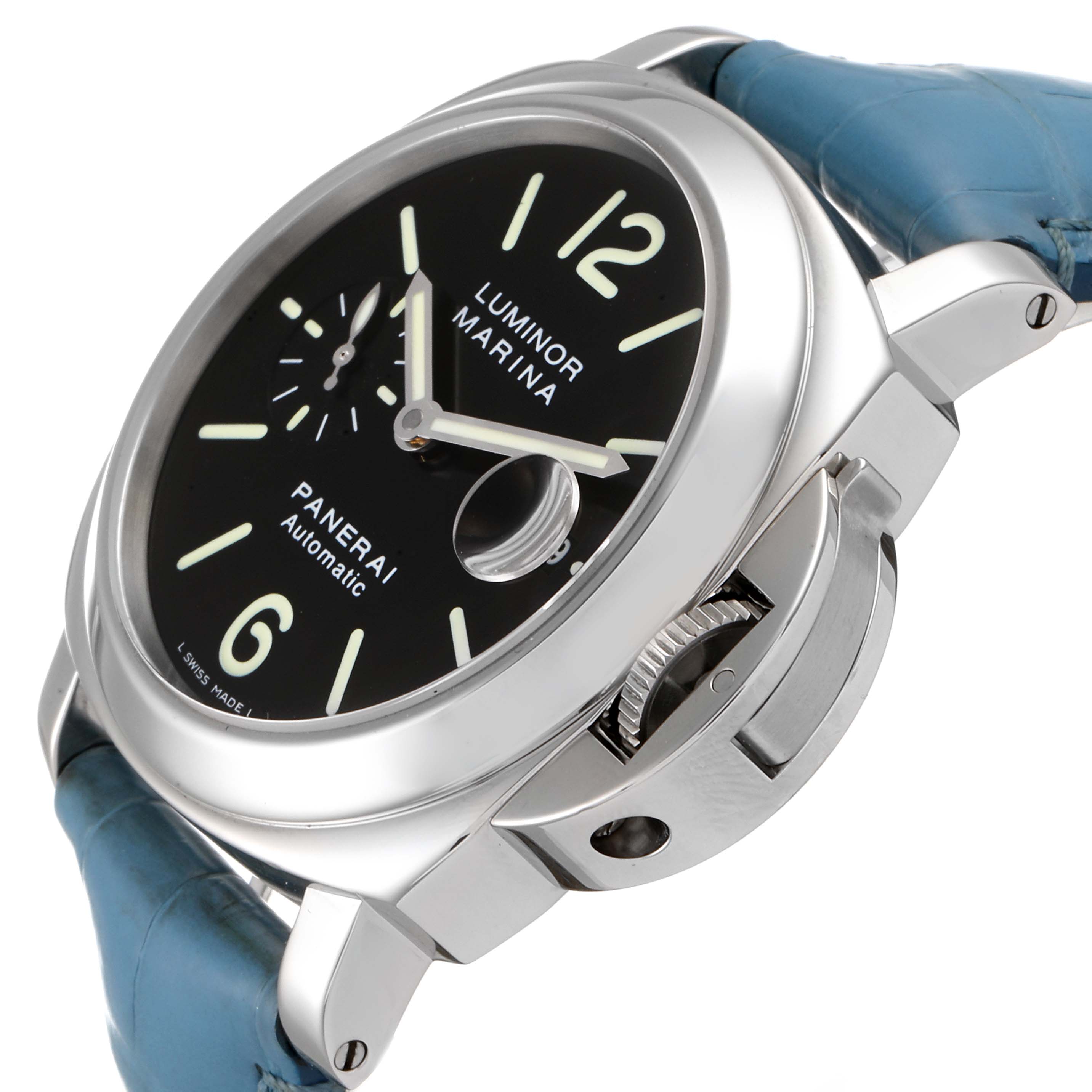 The image shows a close-up angle of the Panerai Luminor PAM00104 Men
s Stainless Steel Black Dial PAM00104 Men
s Stainless Steel Black Dial watch, highlighting the dial, crown guard, and part of the leather strap.