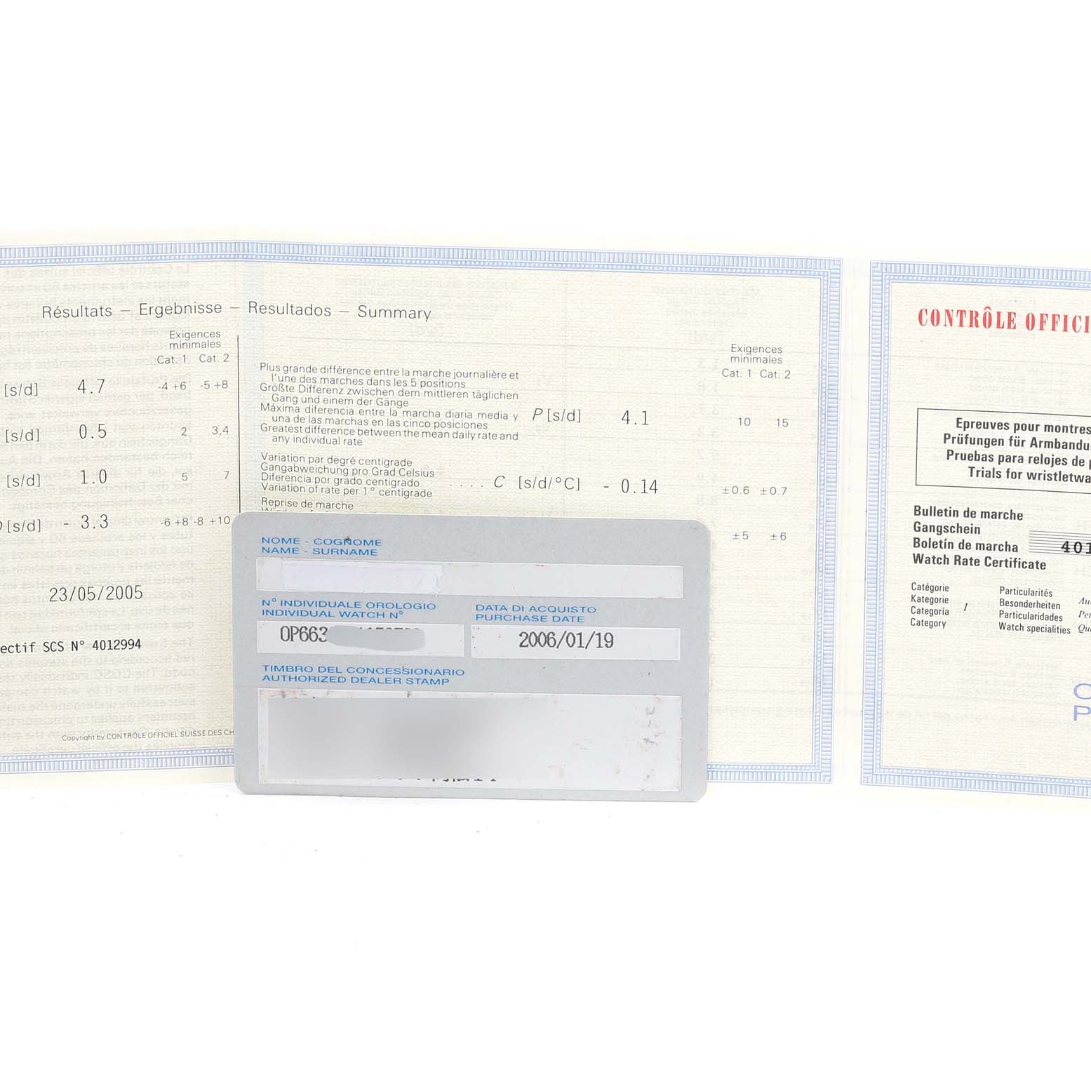 The image shows the official papers, including the warranty card, for a Panerai Luminor PAM00104 Men
s Stainless Steel Black Dial PAM00104 Men
s Stainless Steel Black Dial watch model.