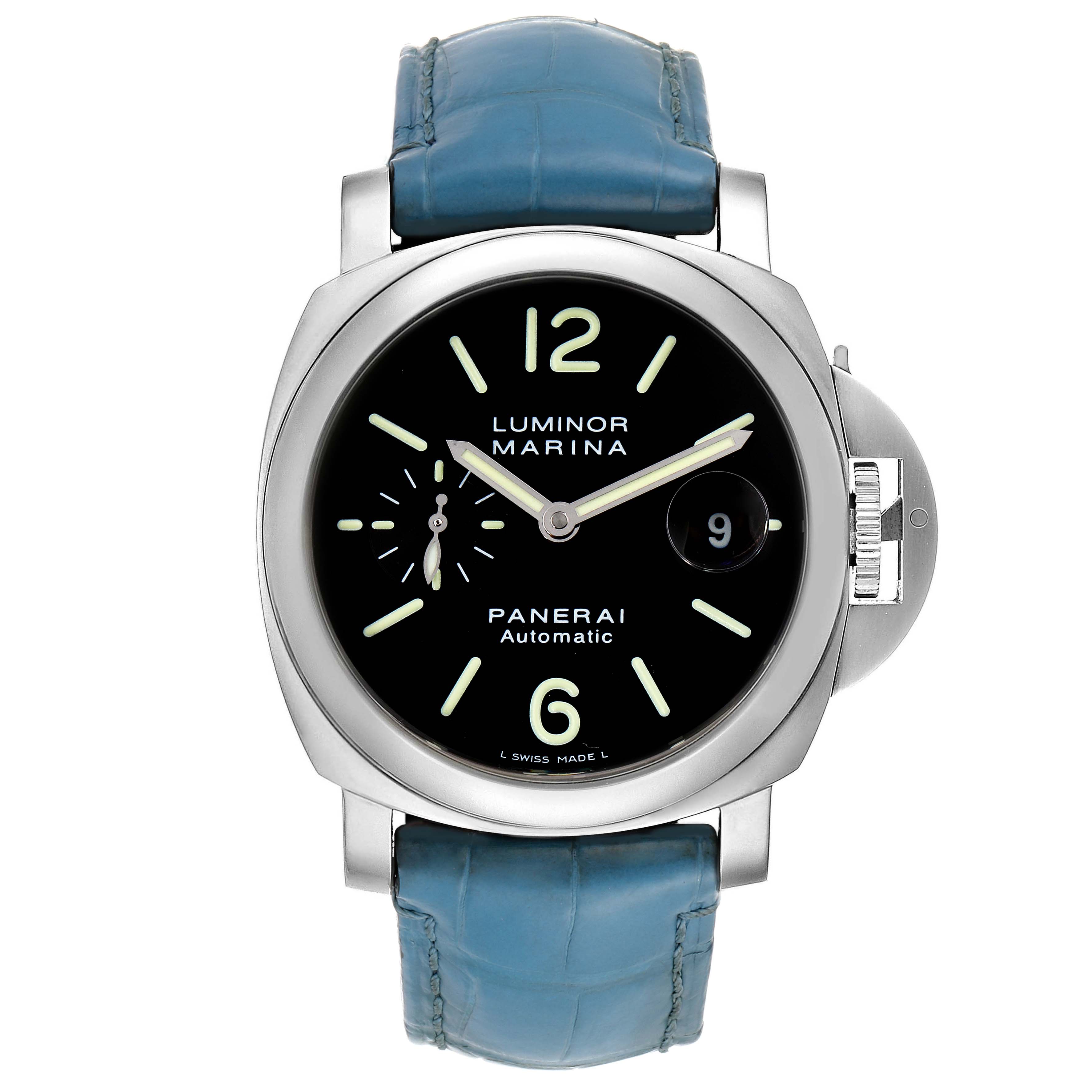 The image shows a front view of the Panerai Luminor PAM00104 Men
s Stainless Steel Black Dial PAM00104 Men
s Stainless Steel Black Dial Marina watch, displaying the face, crown guard, and blue leather strap.