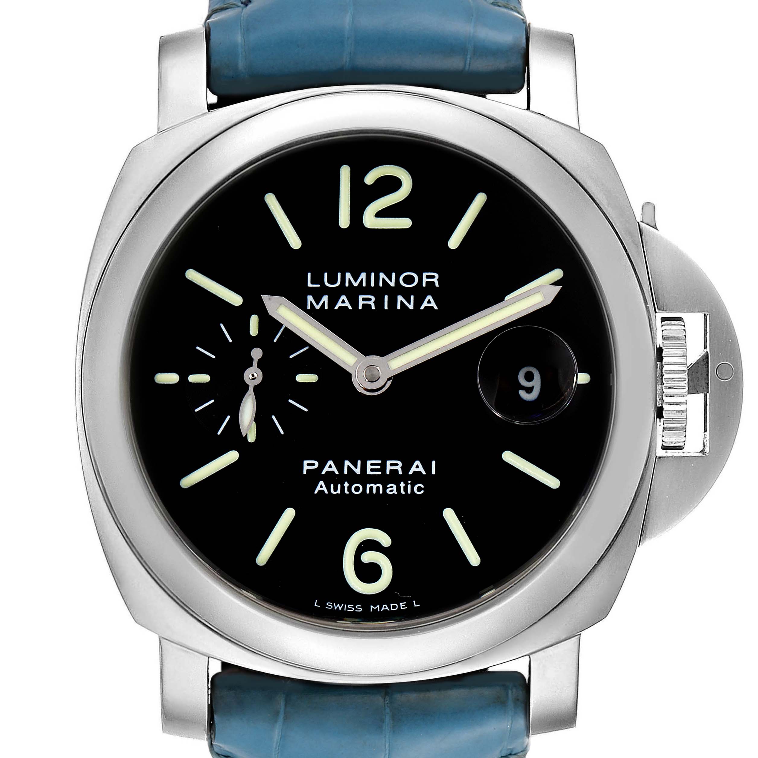 The image shows a front view of a Panerai Luminor PAM00104 Men
s Stainless Steel Black Dial PAM00104 Men
s Stainless Steel Black Dial Marina watch, displaying the dial, hour markers, date window, and crown guard.