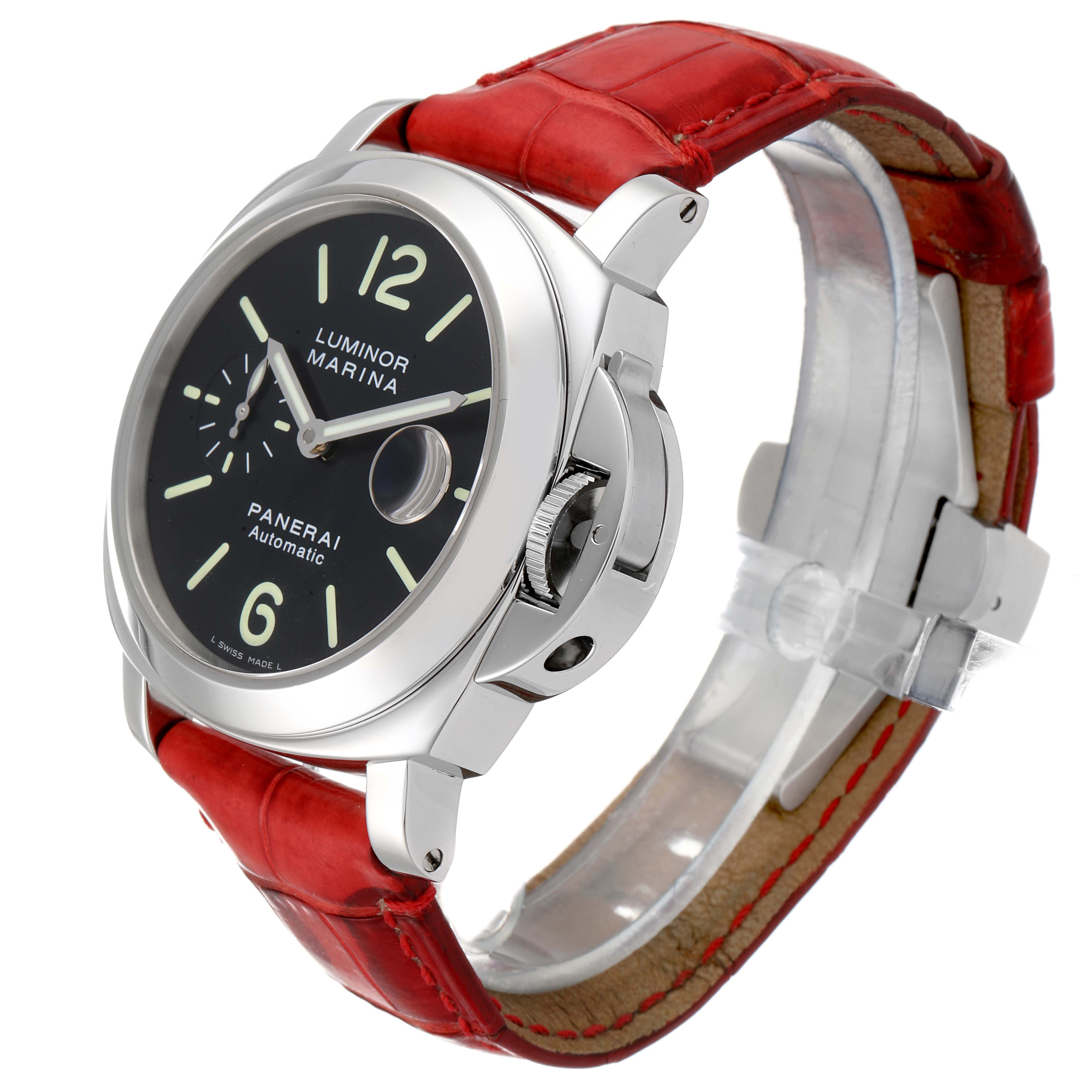 The Panerai Luminor PAM00104 Men
s Stainless Steel Black Dial PAM00104 Men
s Stainless Steel Black Dial watch is shown at a three-quarter angle, highlighting its black dial and red strap.