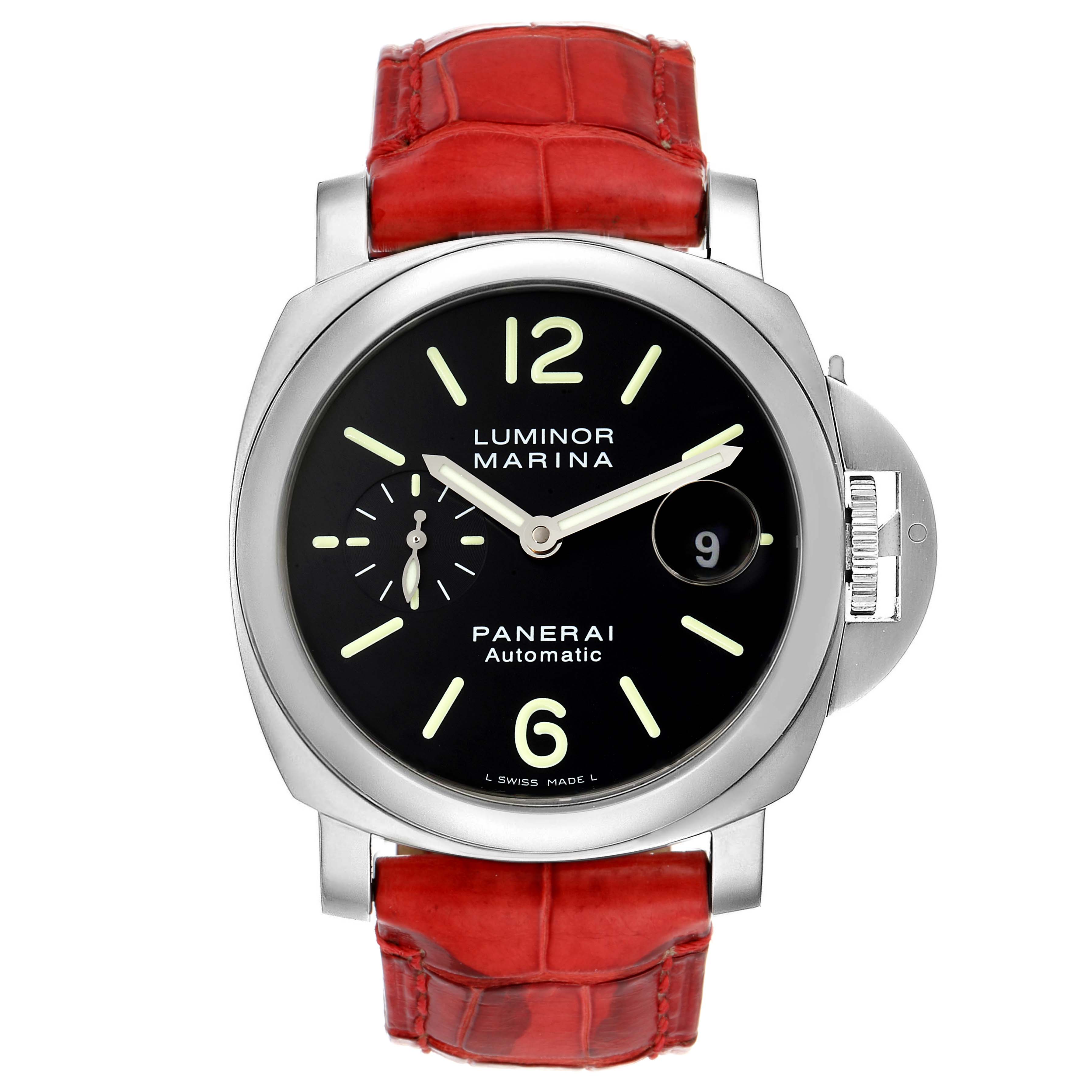 The image shows a front view of a Panerai Luminor PAM00104 Men
s Stainless Steel Black Dial PAM00104 Men
s Stainless Steel Black Dial Marina watch, highlighting the dial, hands, and red leather strap.