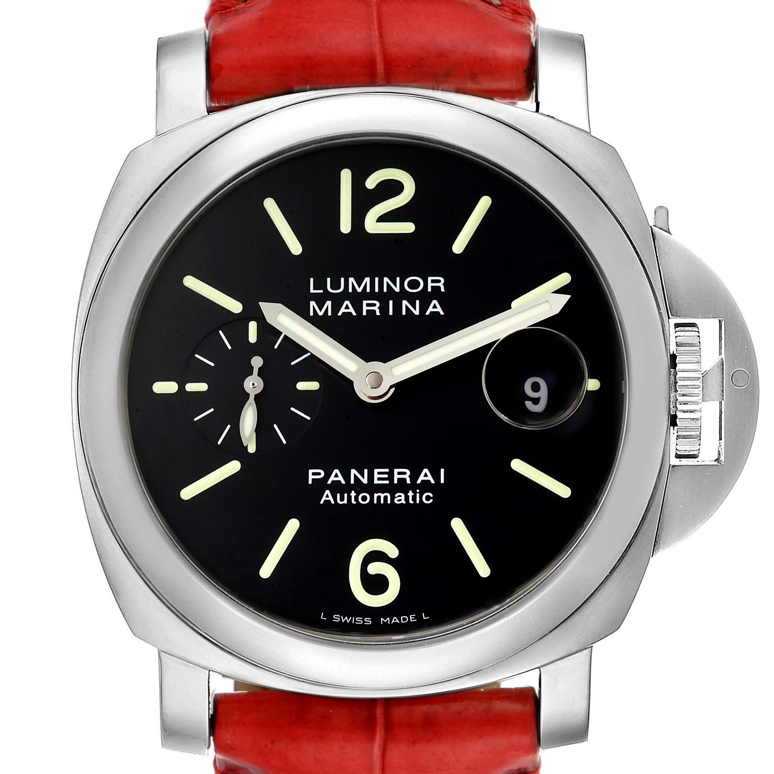 The image shows a front view of the Panerai Luminor PAM00104 Men
s Stainless Steel Black Dial PAM00104 Men
s Stainless Steel Black Dial watch, highlighting its face, bezel, and part of the strap.