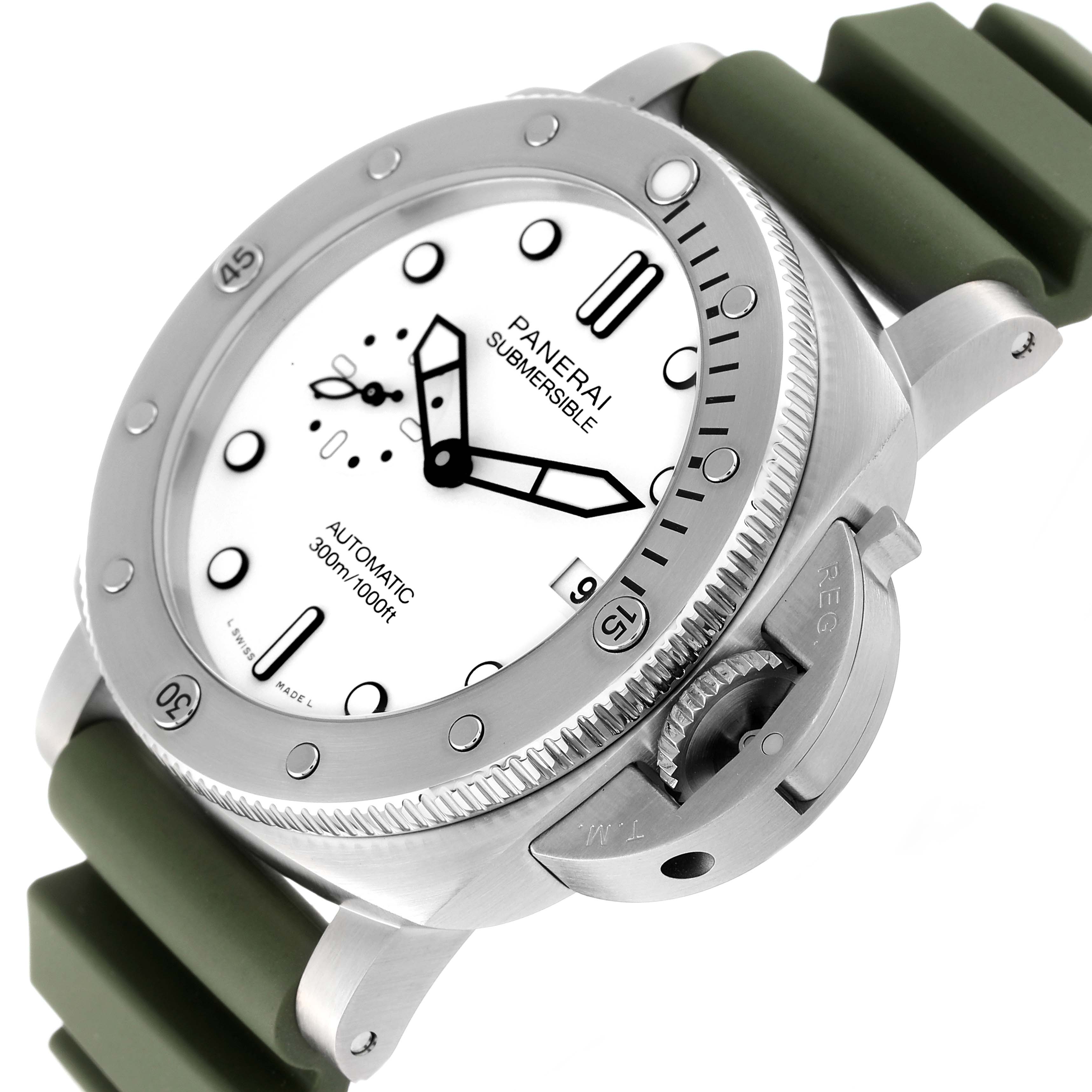 The image shows a close-up, angled view of a Panerai Submersible PAM01226 Men
s Stainless Steel White Dial PAM01226 Men
s Stainless Steel White Dial watch, highlighting the dial, bezel, and green strap.