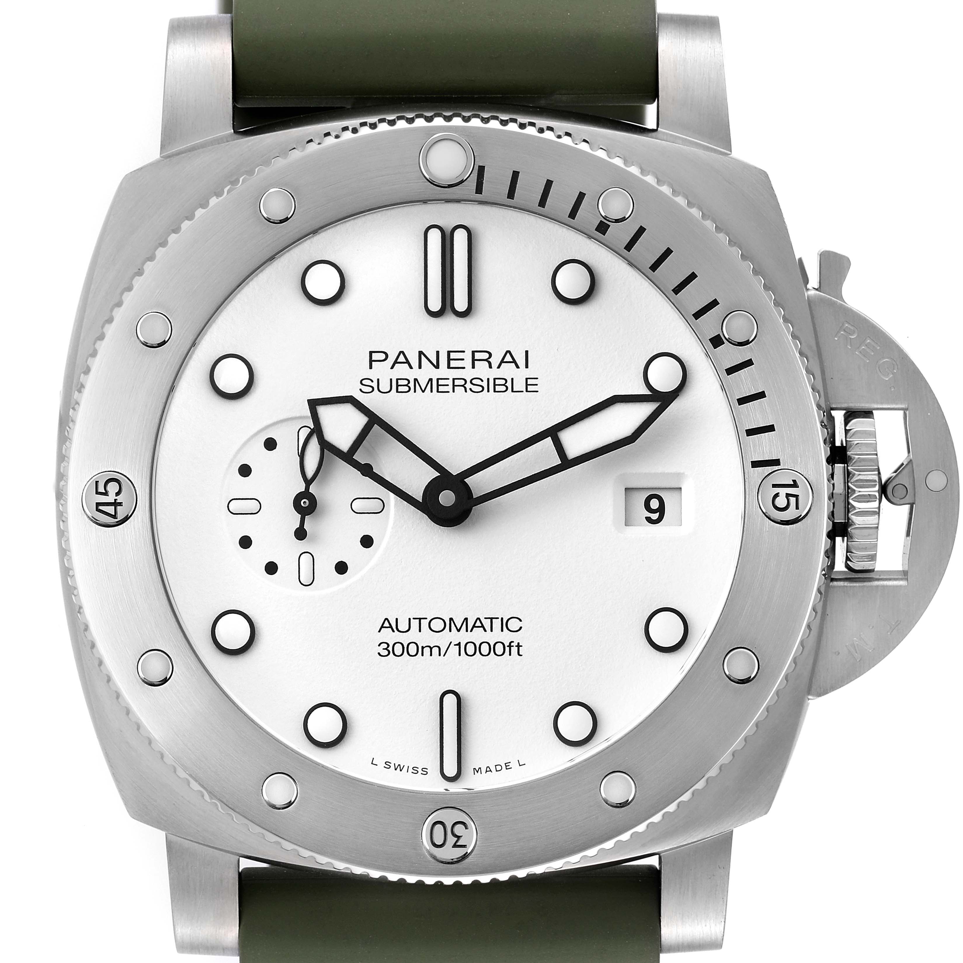 This is a front view of a Panerai Submersible PAM01226 Men
s Stainless Steel White Dial PAM01226 Men
s Stainless Steel White Dial watch, showing the dial, hands, date window, and part of the bezel.
