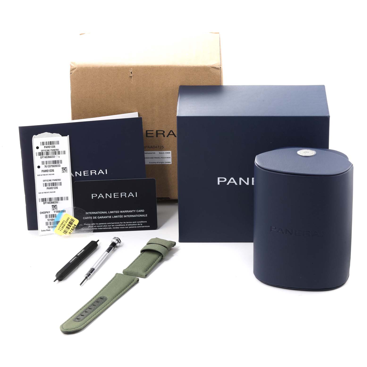 This image showcases the packaging and accessories of a Panerai Submersible PAM01226 Men
s Stainless Steel White Dial PAM01226 Men
s Stainless Steel White Dial watch, including boxes, warranty cards, a strap, and tools.