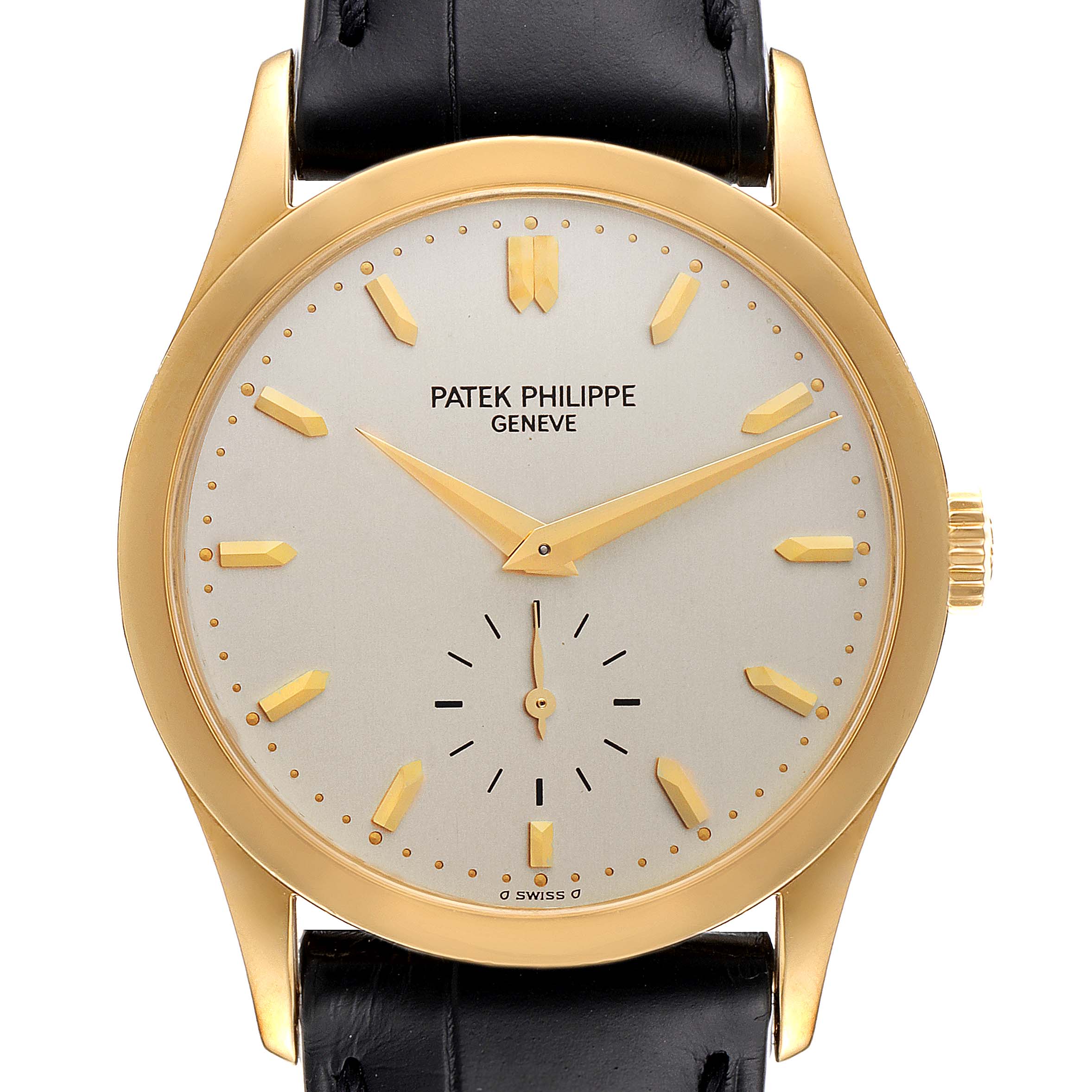 The image shows a frontal view of a Patek Philippe Calatrava 5096J Men's Yellow Gold Silver Dial 5096J Men's Yellow Gold Silver Dial watch, highlighting its dial, hands, and case.