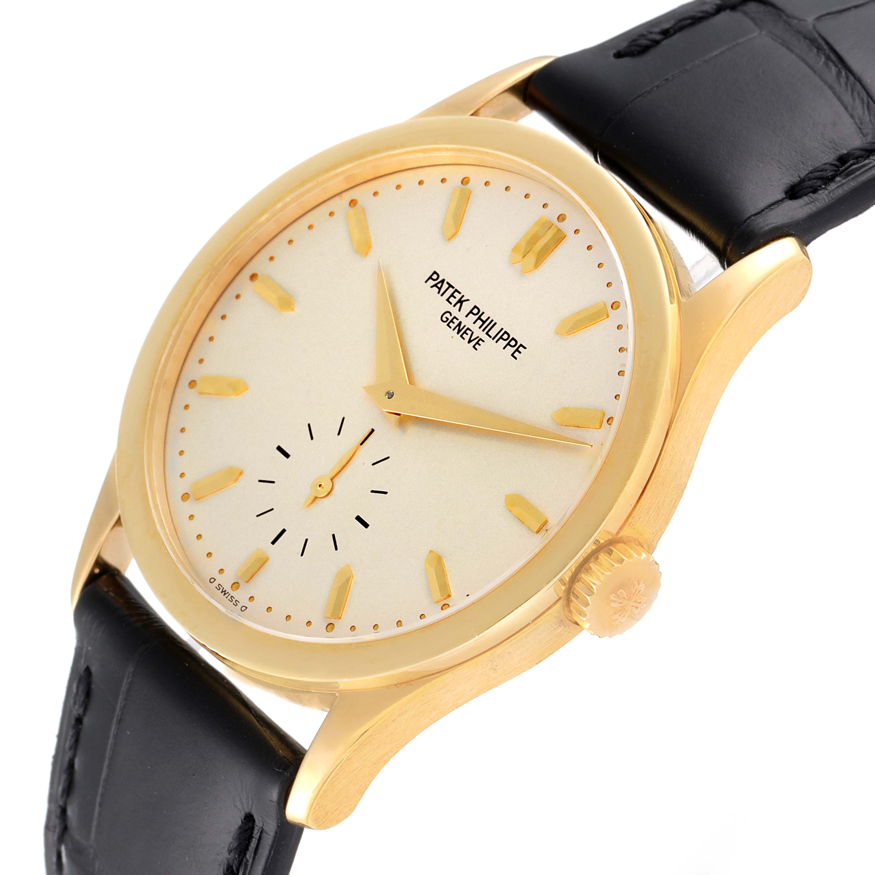 The image shows a close-up, angled view of a Patek Philippe Calatrava 5096J Men's Yellow Gold Silver Dial 5096J Men's Yellow Gold Silver Dial watch displaying its dial, crown, and leather strap.