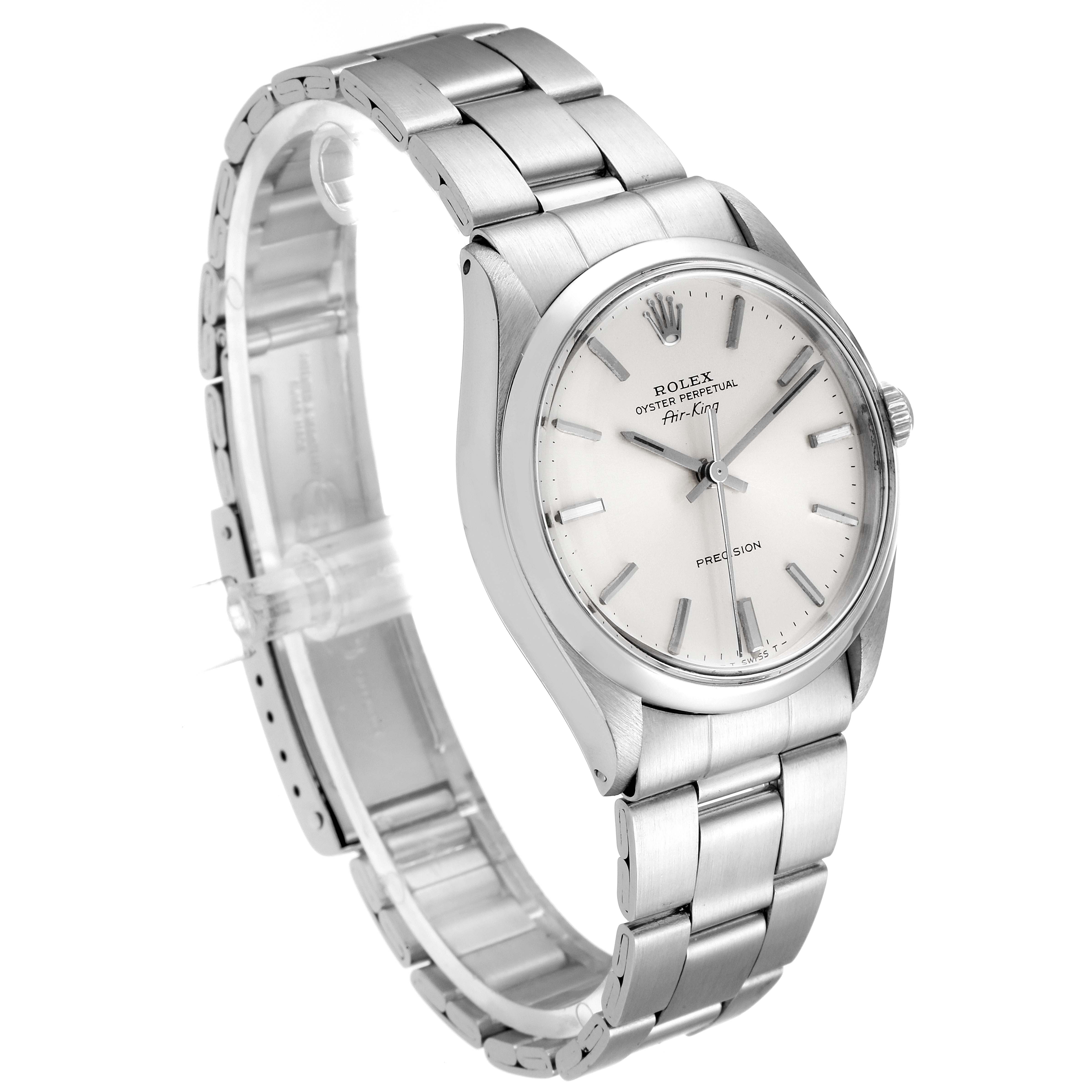 The image shows a side-angled view of the Rolex Vintage Collection 5500 Men's Stainless Steel Silver Dial 5500 Men's Stainless Steel Silver Dial watch, highlighting the dial, bezel, crown, and bracelet.
