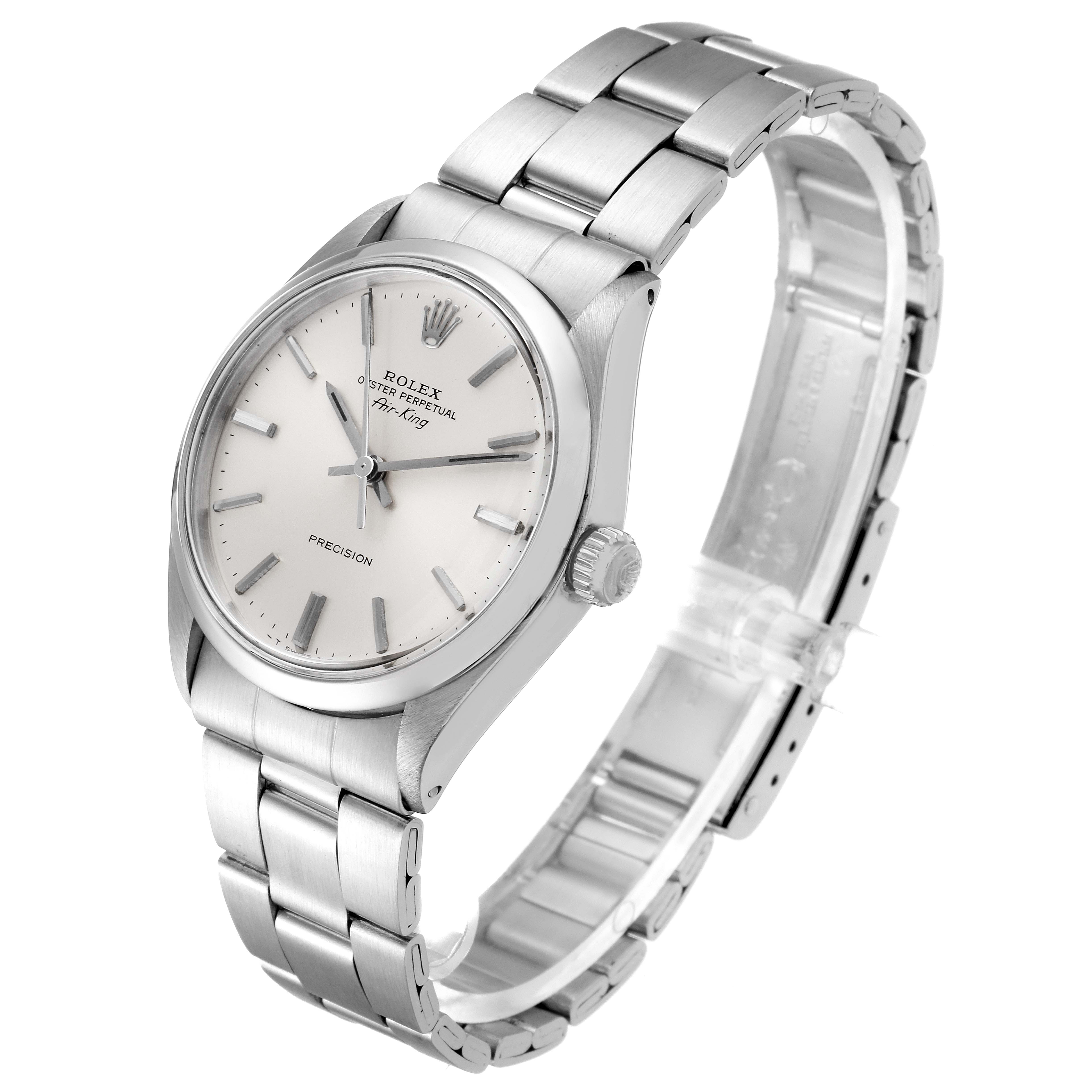 The image shows a side angle of the Rolex Vintage Collection 5500 Men's Stainless Steel Silver Dial 5500 Men's Stainless Steel Silver Dial model, highlighting the watch face, crown, and stainless steel bracelet.