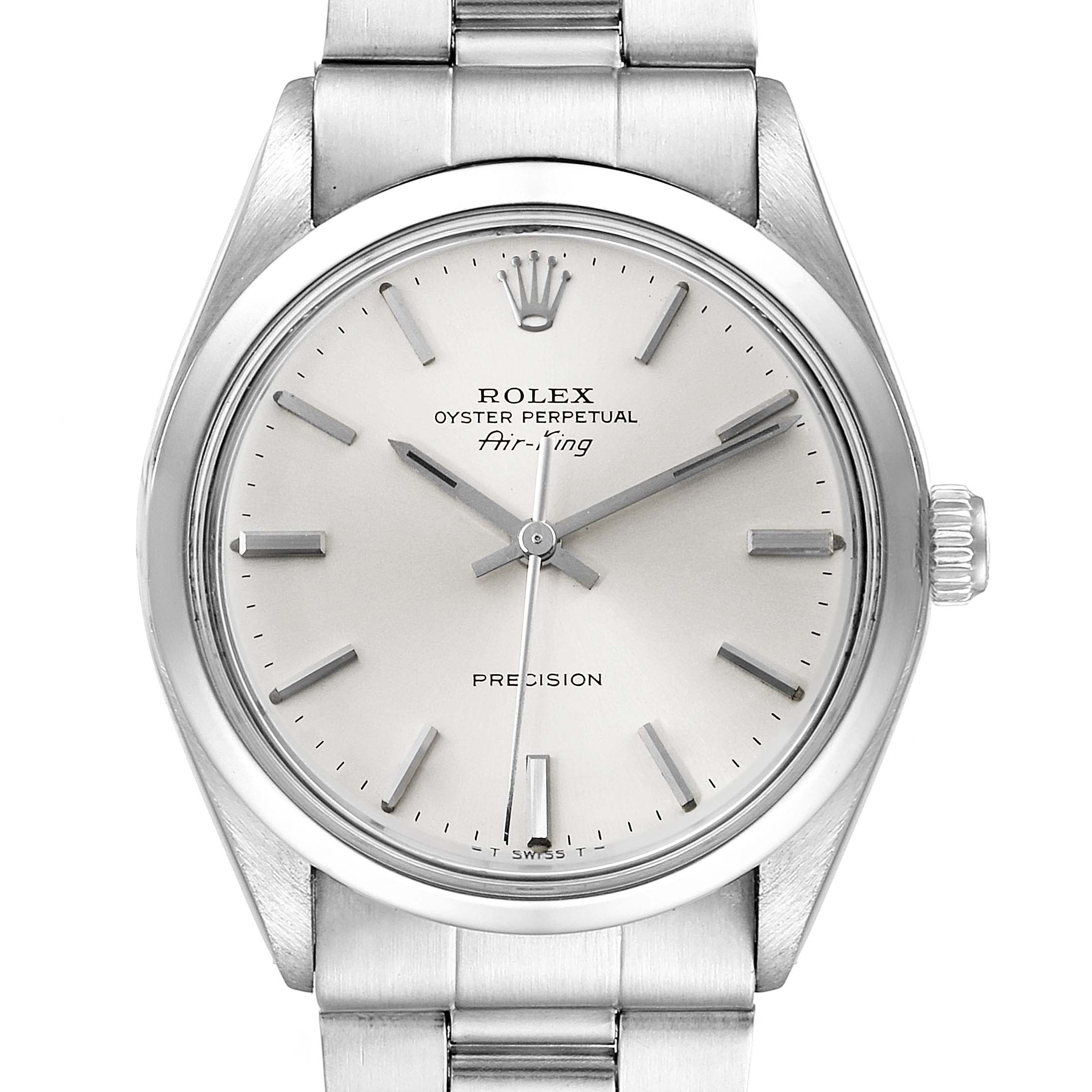 This image displays a front view of the Rolex Vintage Collection 5500 Men's Stainless Steel Silver Dial 5500 Men's Stainless Steel Silver Dial Oyster Perpetual Air-King watch with a stainless steel bracelet.