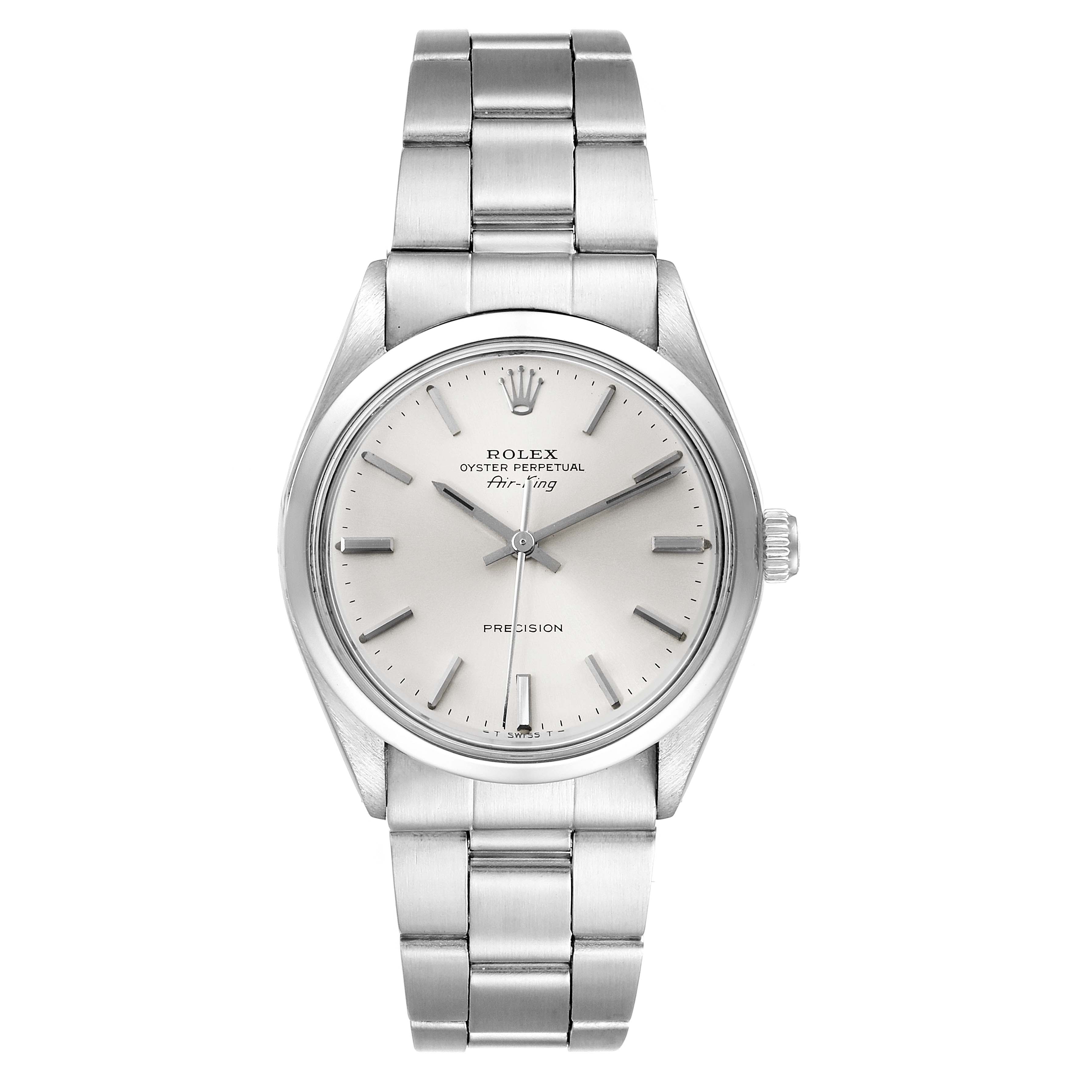 The image shows a front view of the Rolex Vintage Collection 5500 Men's Stainless Steel Silver Dial 5500 Men's Stainless Steel Silver Dial Oyster Perpetual Air-King watch with its silver dial and metal bracelet.
