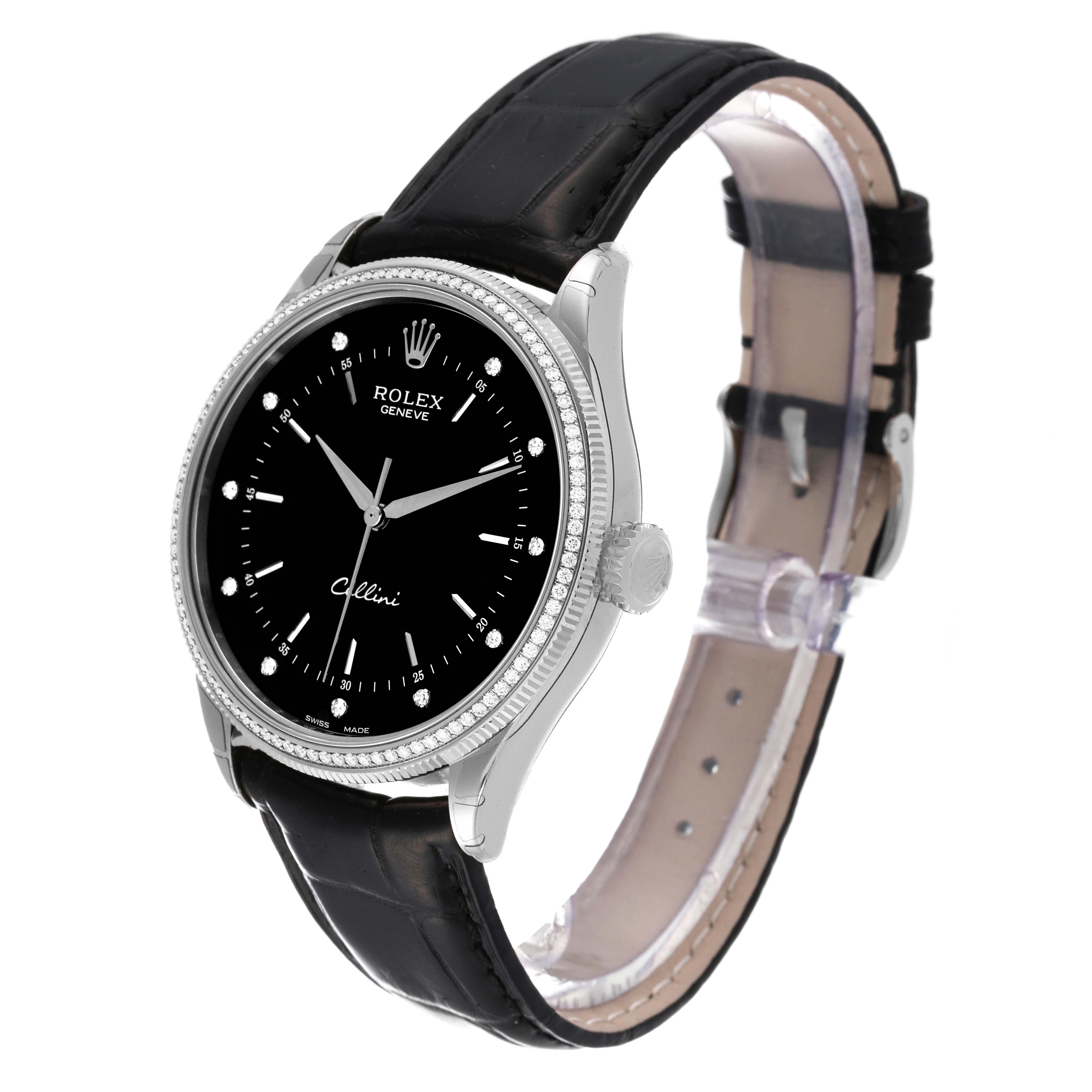 This image shows a side angle view of the Rolex Cellini 50609RBR Men's White Gold Black Dial 50609RBR Men's White Gold Black Dial watch, highlighting its black dial, leather strap, and fluted bezel.