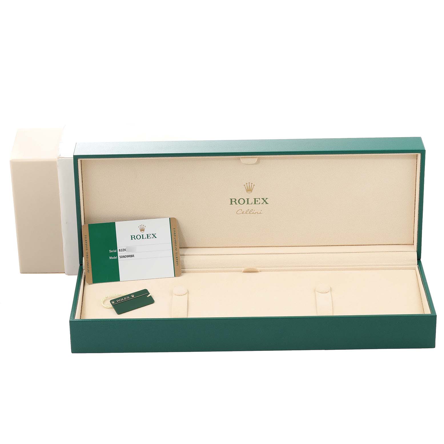 The image shows an open green box for a Rolex Cellini 50609RBR Men's White Gold Black Dial 50609RBR Men's White Gold Black Dial watch, including the warranty card and cardholder.