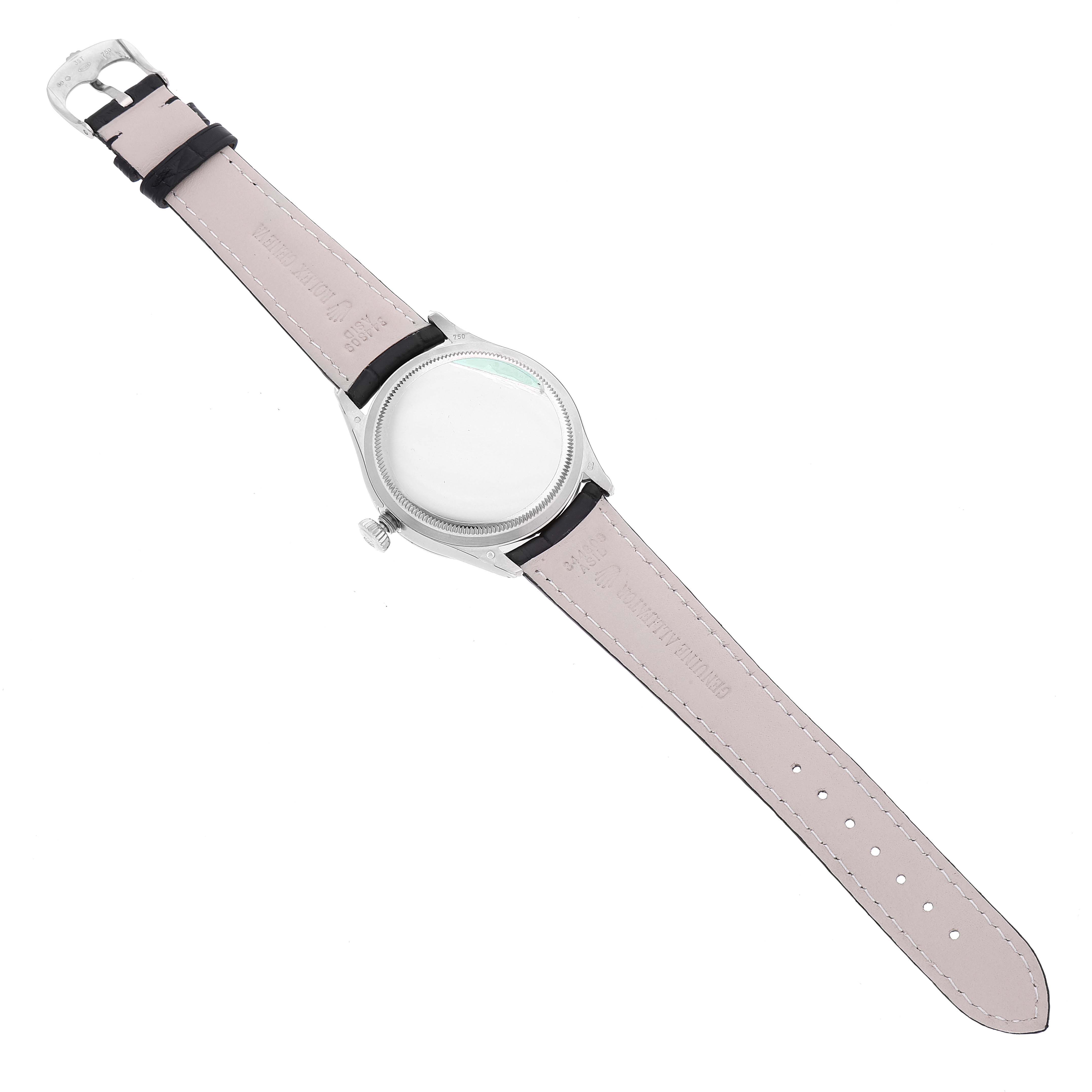 This image shows the back and strap of a Rolex Cellini 50609RBR Men's White Gold Black Dial 50609RBR Men's White Gold Black Dial watch from a top-down angle.