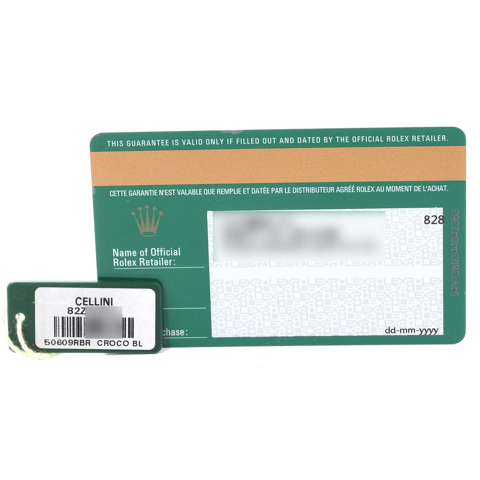 The image shows a warranty card and a tag for the Rolex Cellini 50609RBR Men's White Gold Black Dial 50609RBR Men's White Gold Black Dial model, including a barcode and model details.