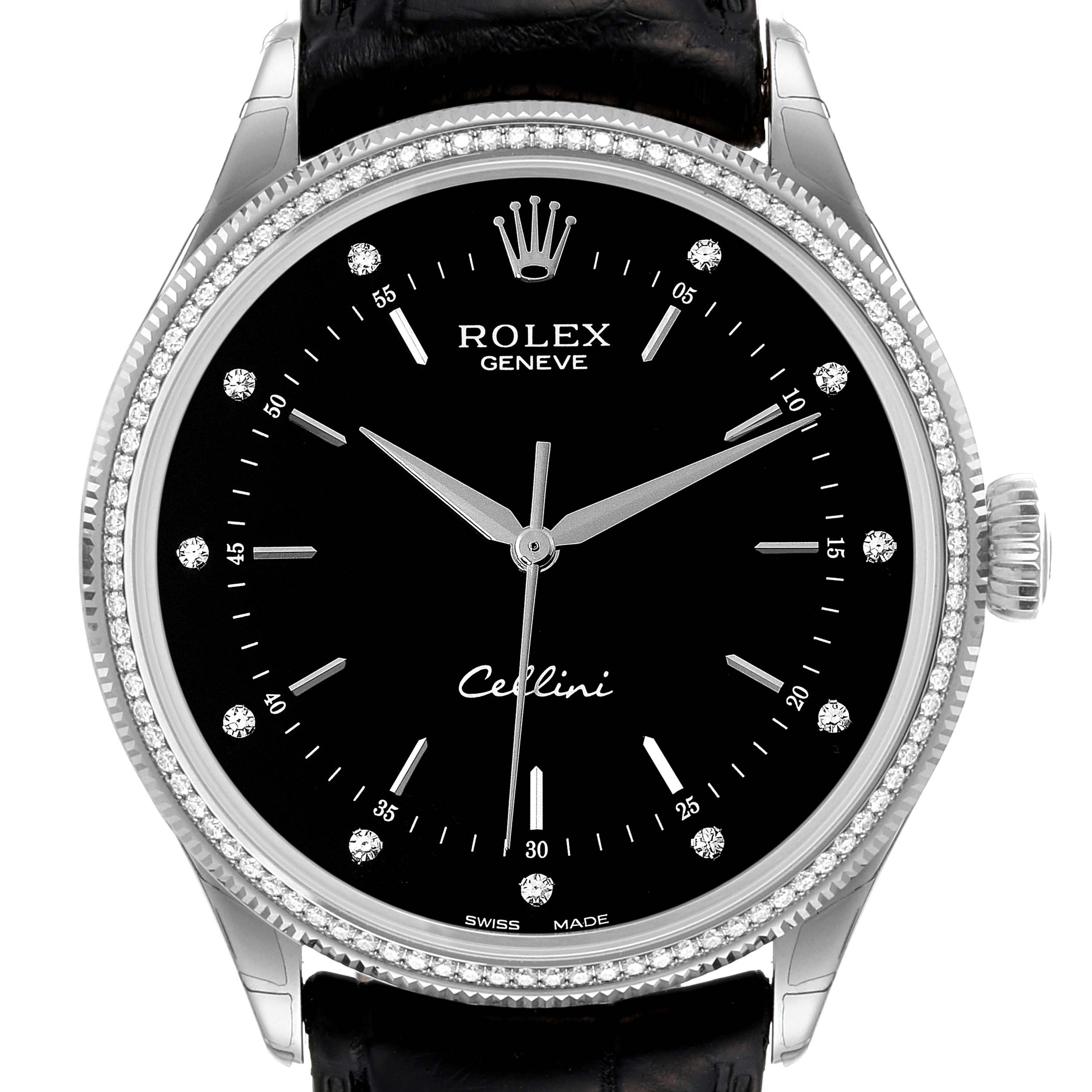 This image features a frontal view of the Rolex Cellini 50609RBR Men's White Gold Black Dial 50609RBR Men's White Gold Black Dial watch, displaying its black dial, silver hands, and diamond hour markers.