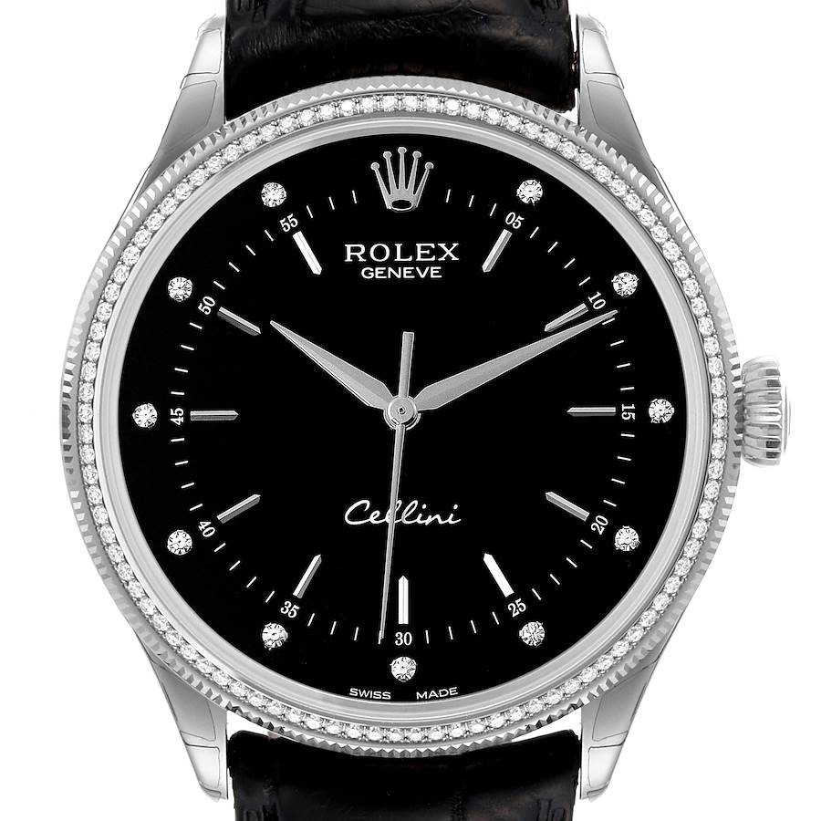 Rolex Cellini Time White Gold Black Dial Diamond Bezel Mens Watch 50609 Box Card SwissWatchExpo