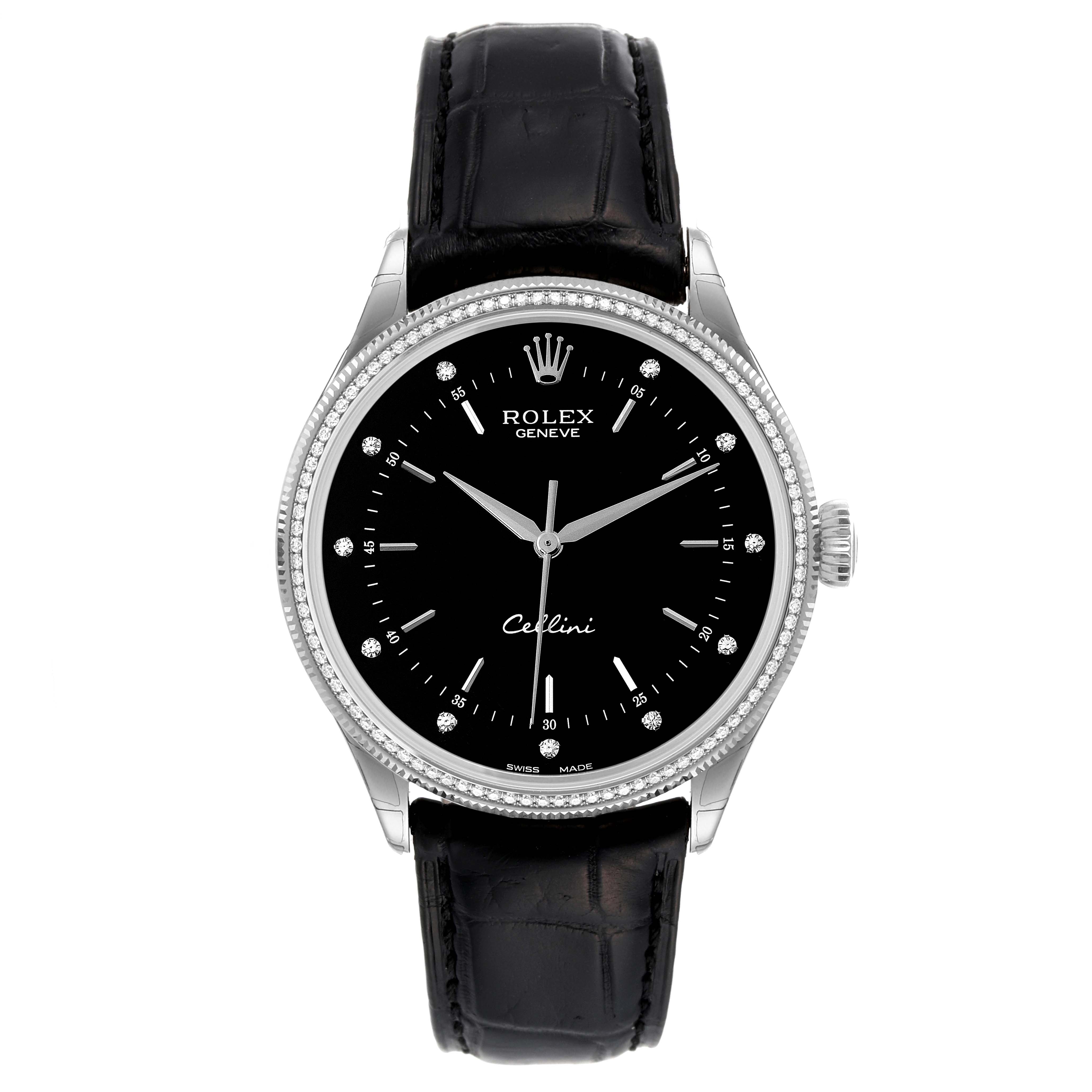 The image shows a Rolex Cellini 50609RBR Men's White Gold Black Dial 50609RBR Men's White Gold Black Dial watch from a front angle, featuring the dial, bezel, crown, and leather strap.