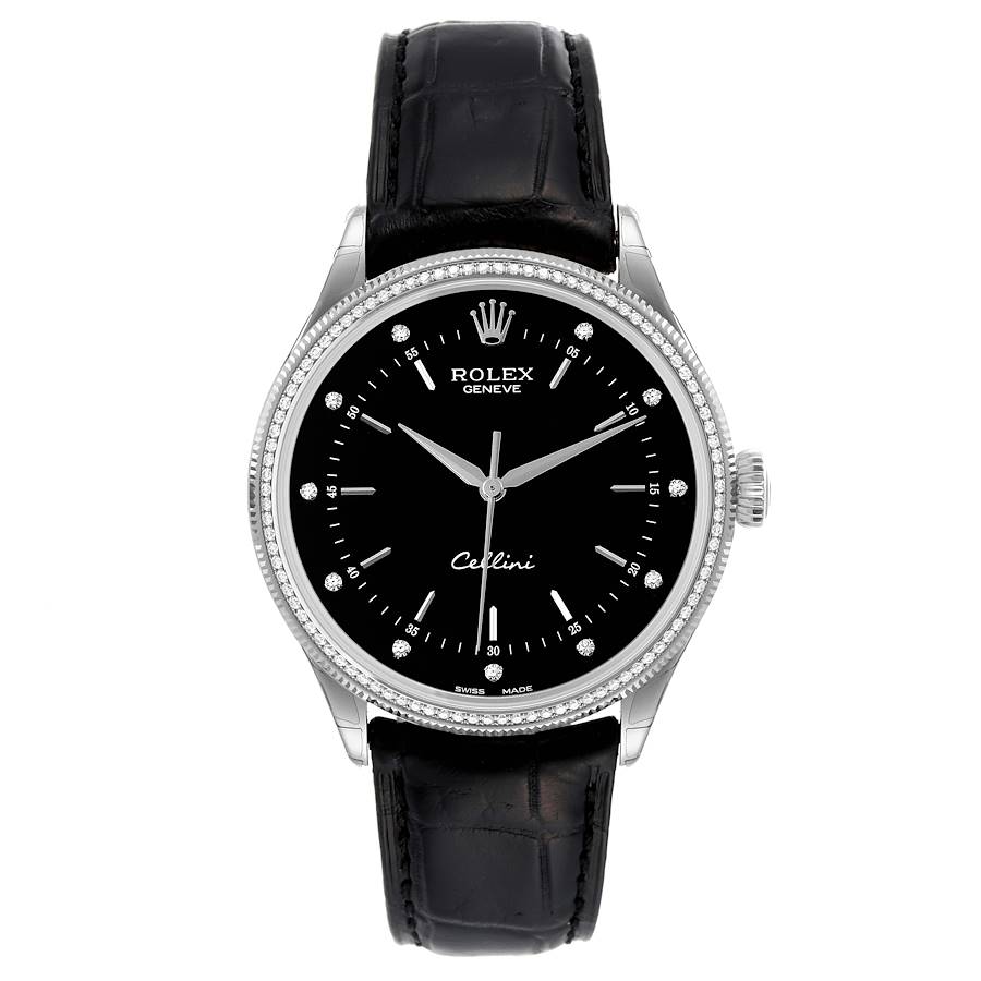 Rolex Cellini Time White Gold Black Dial Diamond Bezel Mens Watch 50609 Box Card