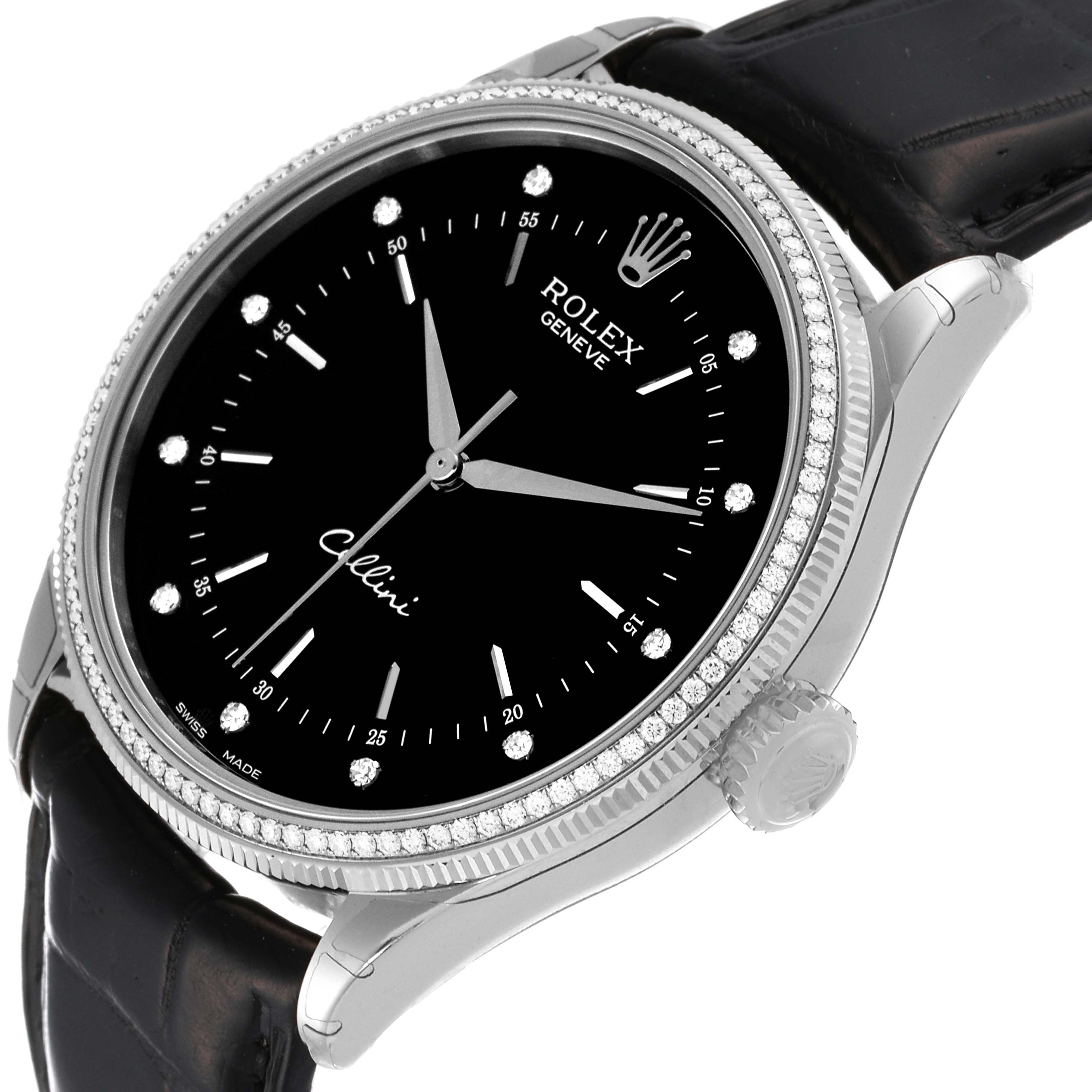The image shows a close-up angled view of the face, bezel, and crown of a Rolex Cellini 50609RBR Men's White Gold Black Dial 50609RBR Men's White Gold Black Dial watch with a black leather strap.