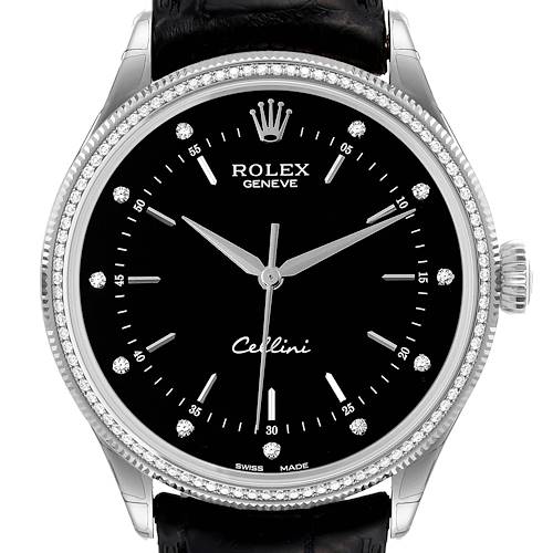Photo of Rolex Cellini Time White Gold Black Dial Diamond Bezel Mens Watch 50609 Box Card