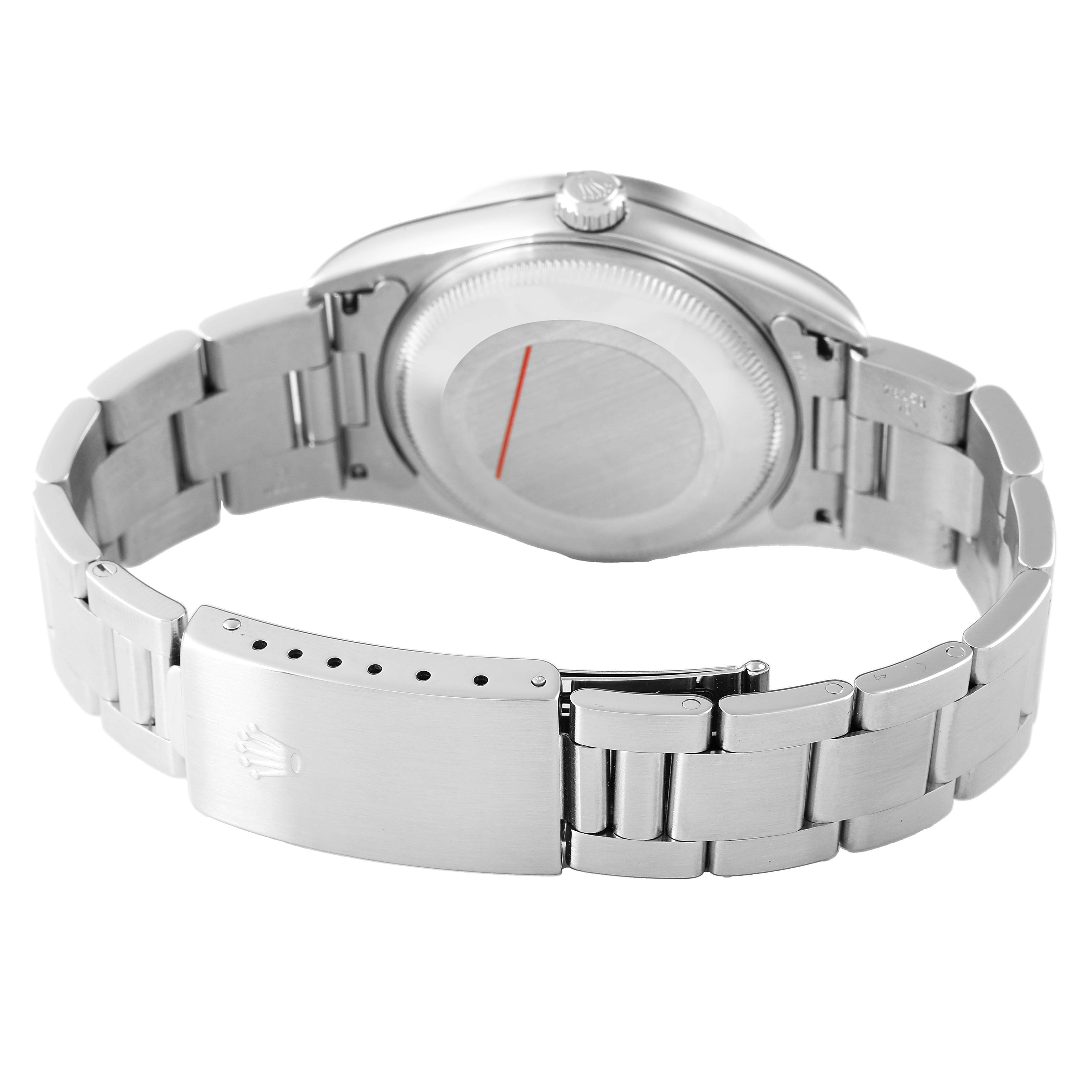 The image shows the back case and bracelet clasp of a Rolex Date 15210 Men's Stainless Steel Silver Dial model at an angled rear view.