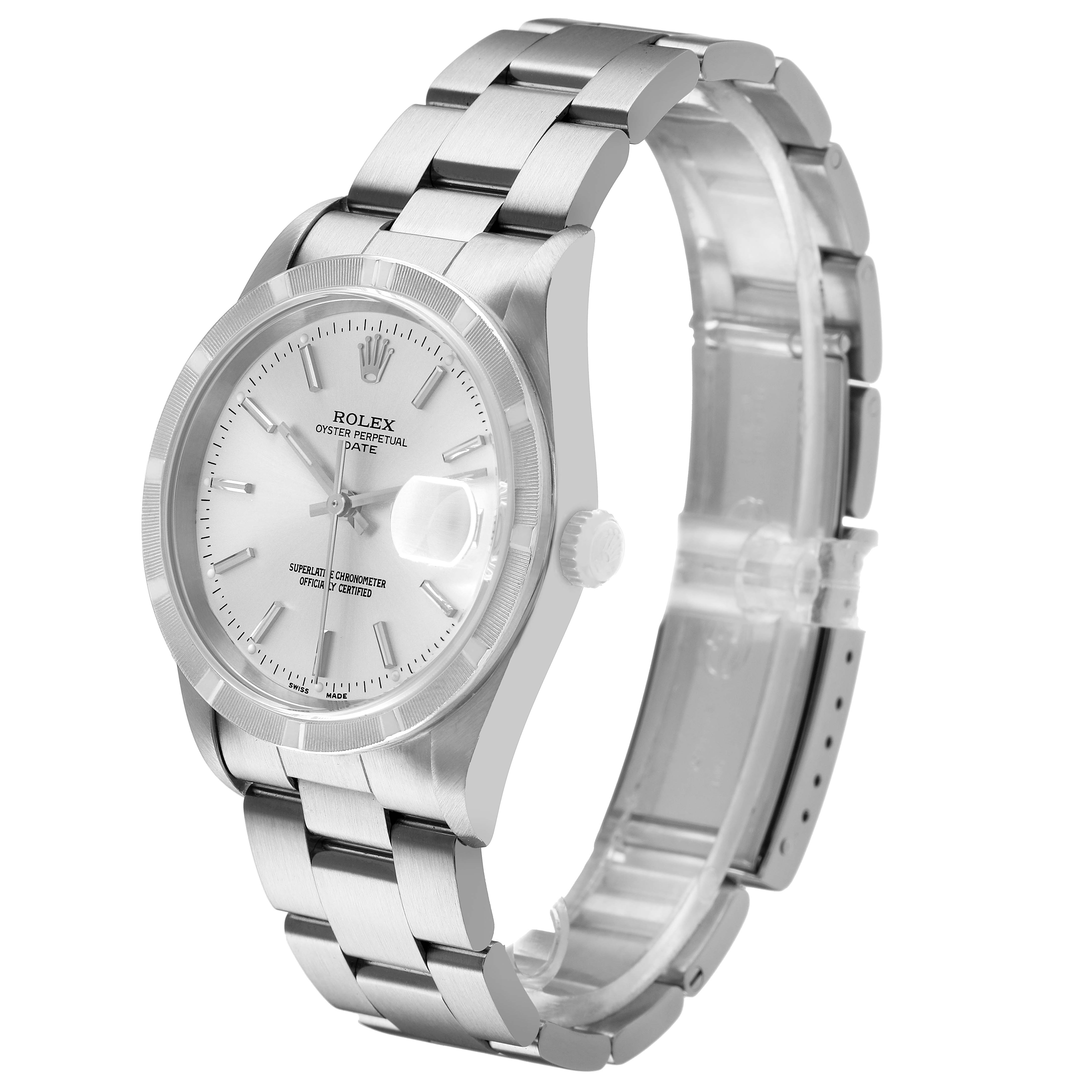 The Rolex Date 15210 Men's Stainless Steel Silver Dial model watch is shown at a three-quarter angle, highlighting the dial, bezel, bracelet, and crown.