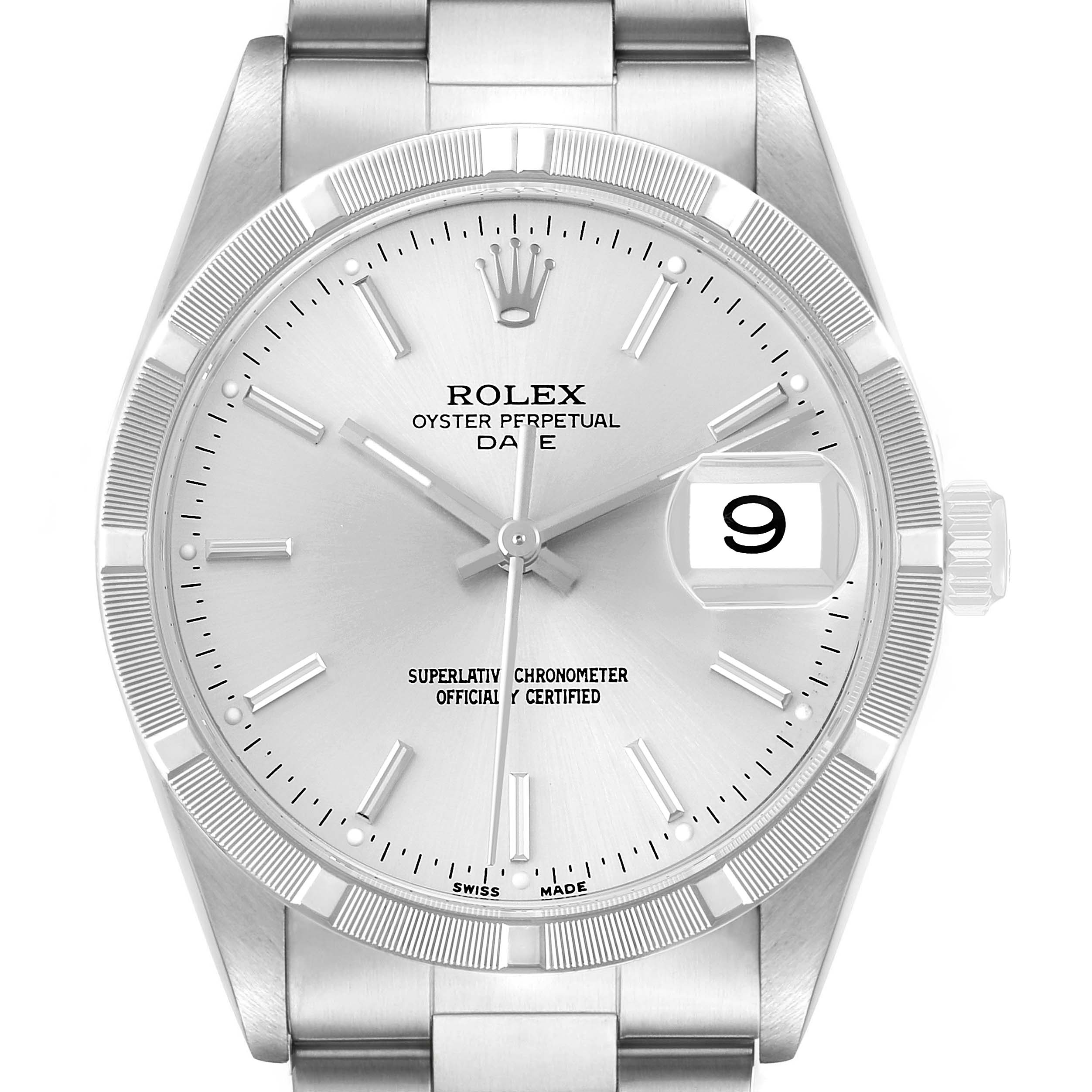 The image shows a front view of a Rolex Date 15210 Men's Stainless Steel Silver Dial watch, highlighting the dial, bezel, and bracelet.