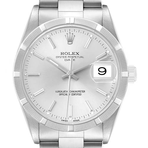 The Rolex Date 15210 Men's Stainless Steel Silver Dial model watch is shown from a front angle, highlighting the dial, hands, bezel, and bracelet.