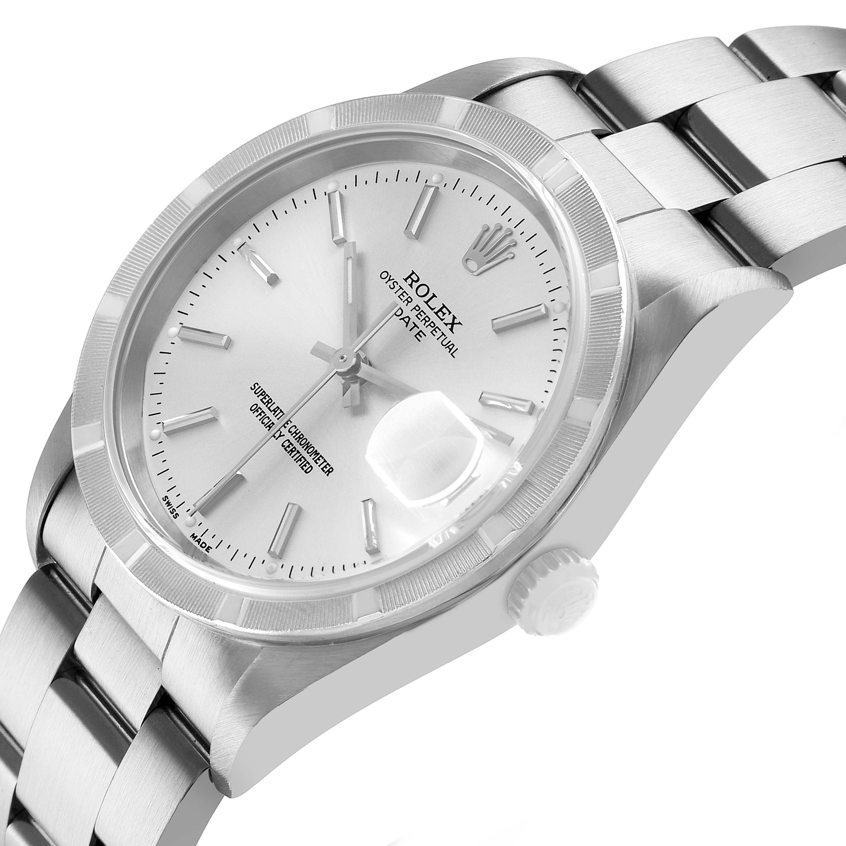 The Rolex Date 15210 Men's Stainless Steel Silver Dial watch is shown from a slight side angle, highlighting its silver dial, oyster bracelet, and cyclops lens.