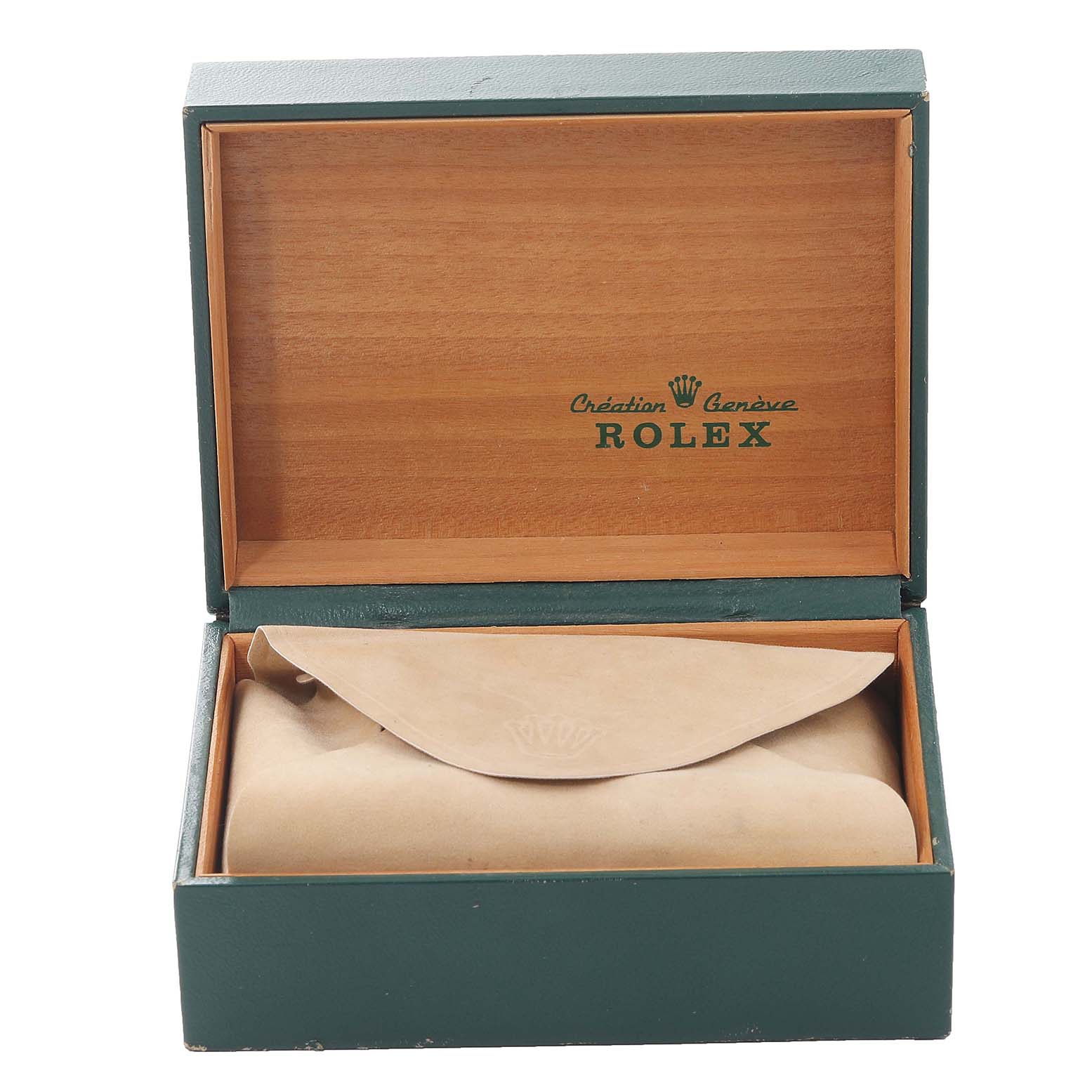 The image shows a Rolex Vintage Collection 15000 Men
s Stainless Steel Silver Dial 15000 Men
s Stainless Steel Silver Dial watch box with an inner pouch, viewed from the front with the lid open.