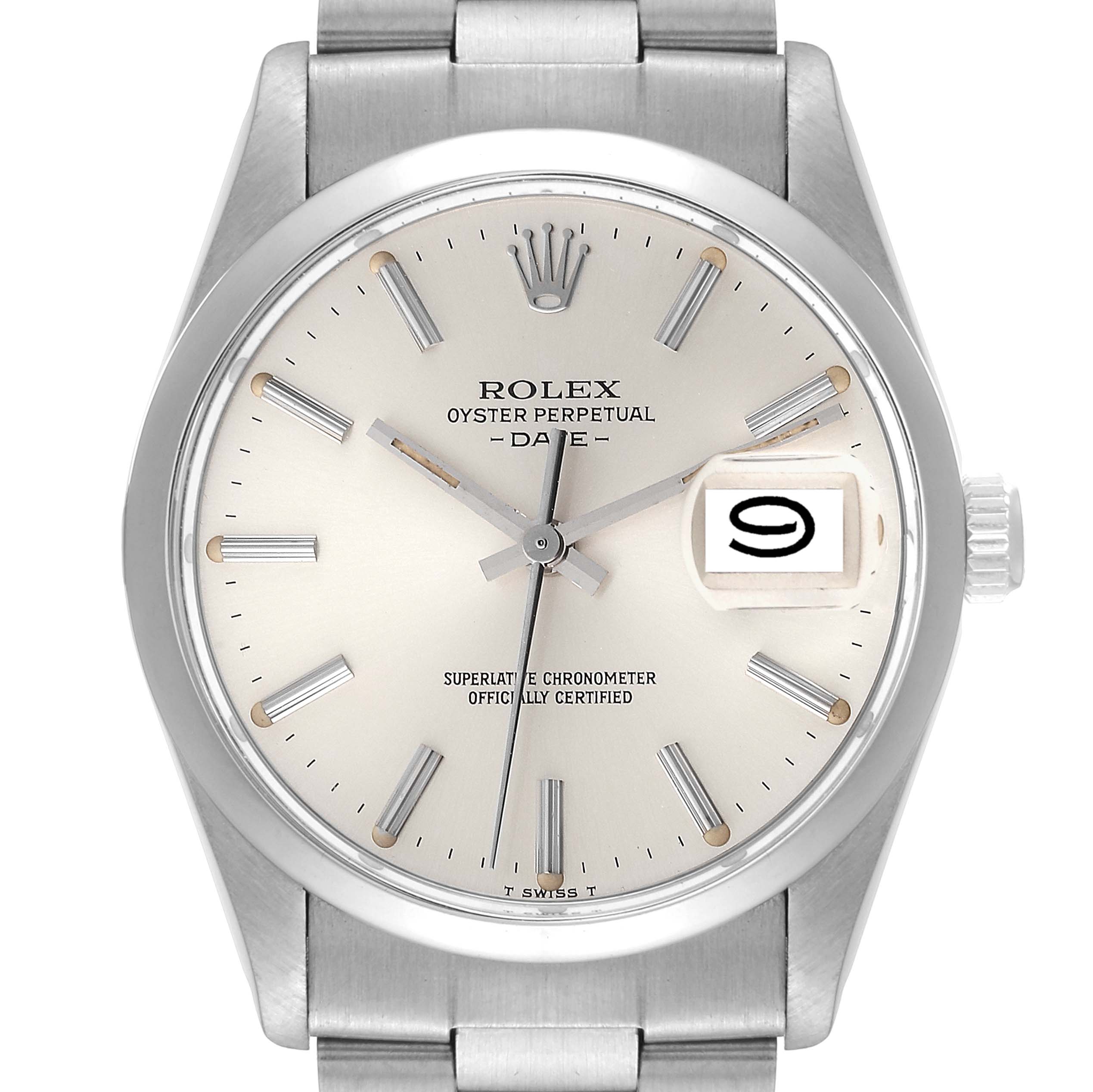 The image shows a front view of a Rolex Vintage Collection 15000 Men
s Stainless Steel Silver Dial 15000 Men
s Stainless Steel Silver Dial Oyster Perpetual Date watch, displaying the dial, hands, date window, and part of the bracelet.