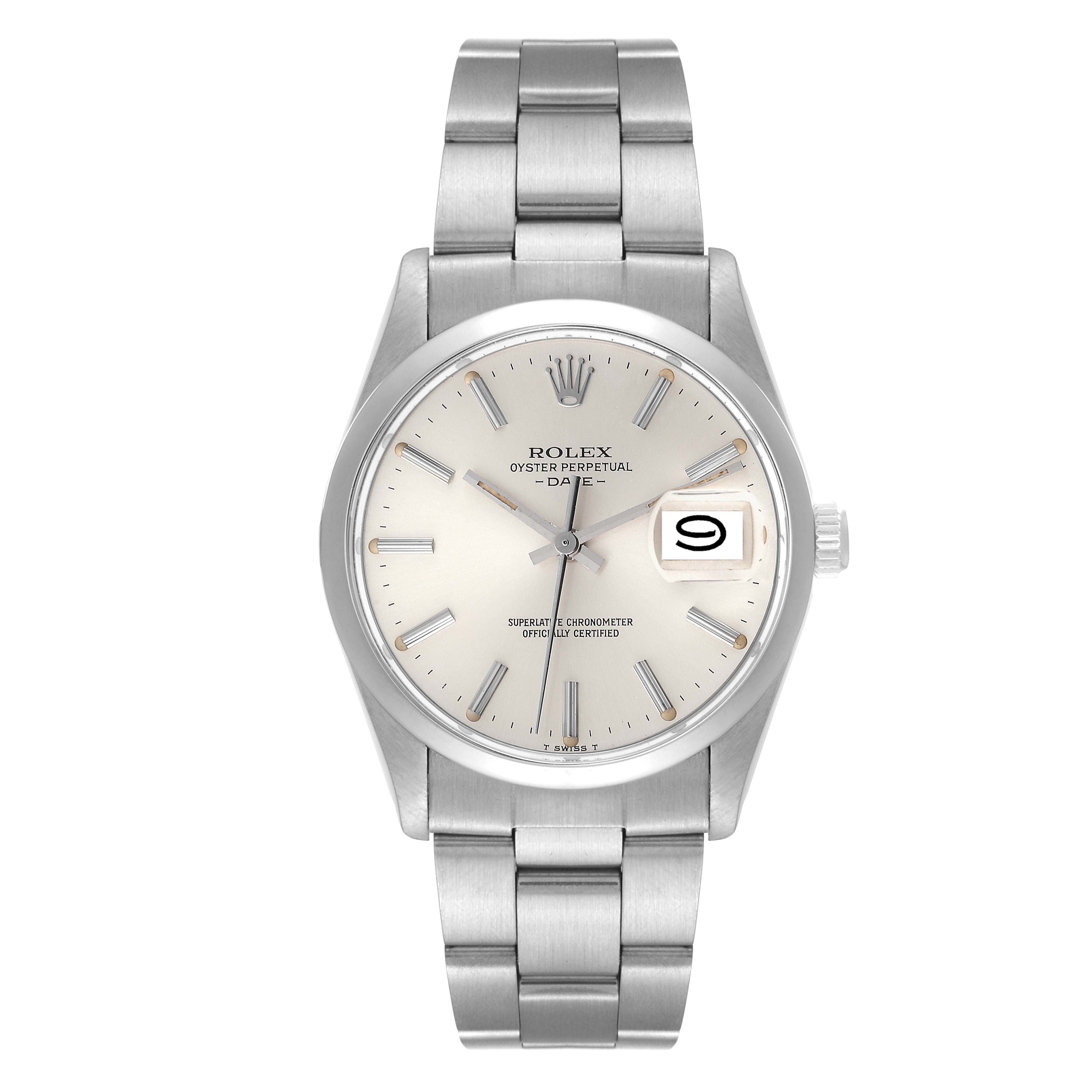 This Rolex Vintage Collection 15000 Men
s Stainless Steel Silver Dial 15000 Men
s Stainless Steel Silver Dial model is shown from the front, showcasing its dial, date window, and metal bracelet.