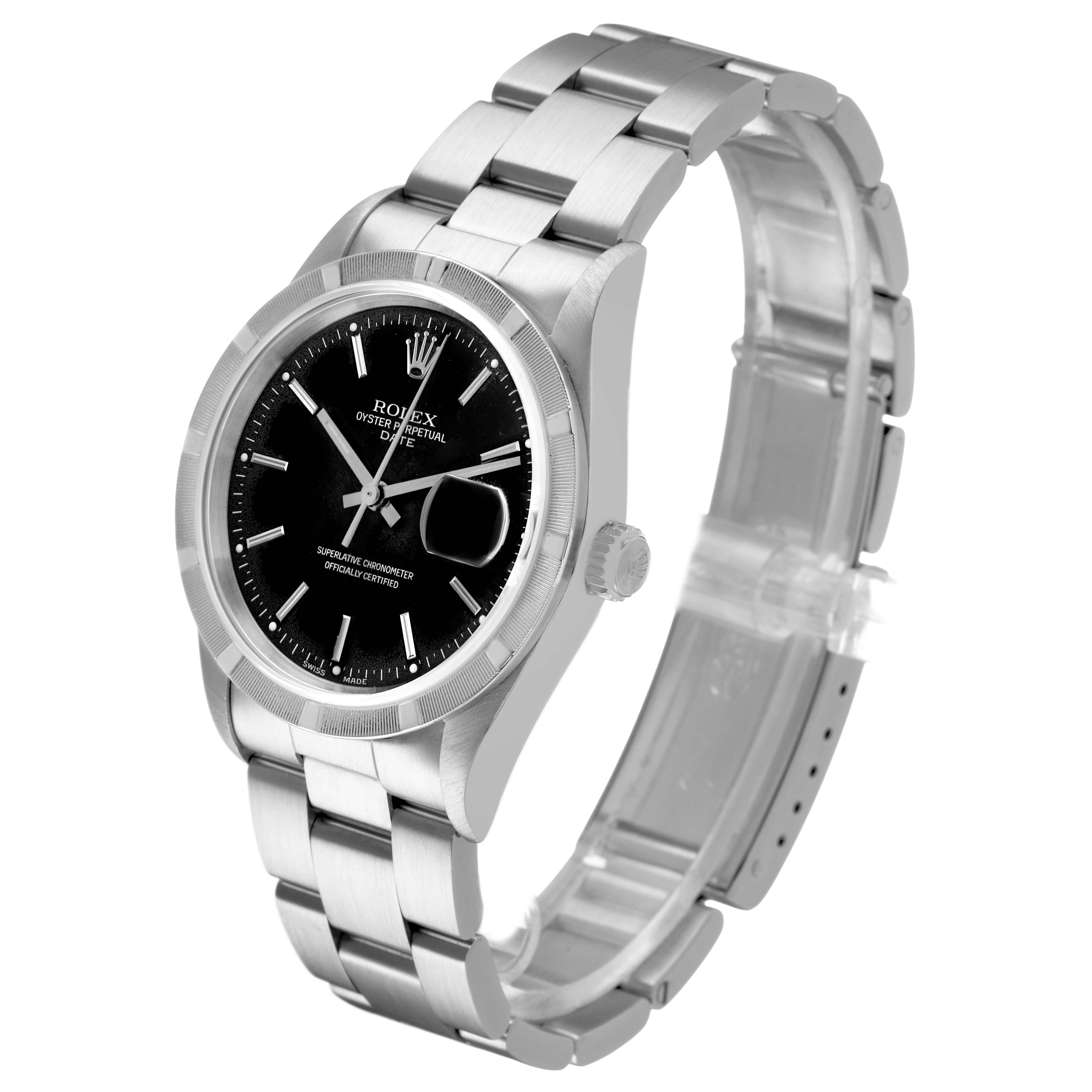 The Rolex Date 15210 Men's Stainless Steel Black Dial watch is shown at a slight side angle, highlighting the face, bezel, bracelet, and crown.