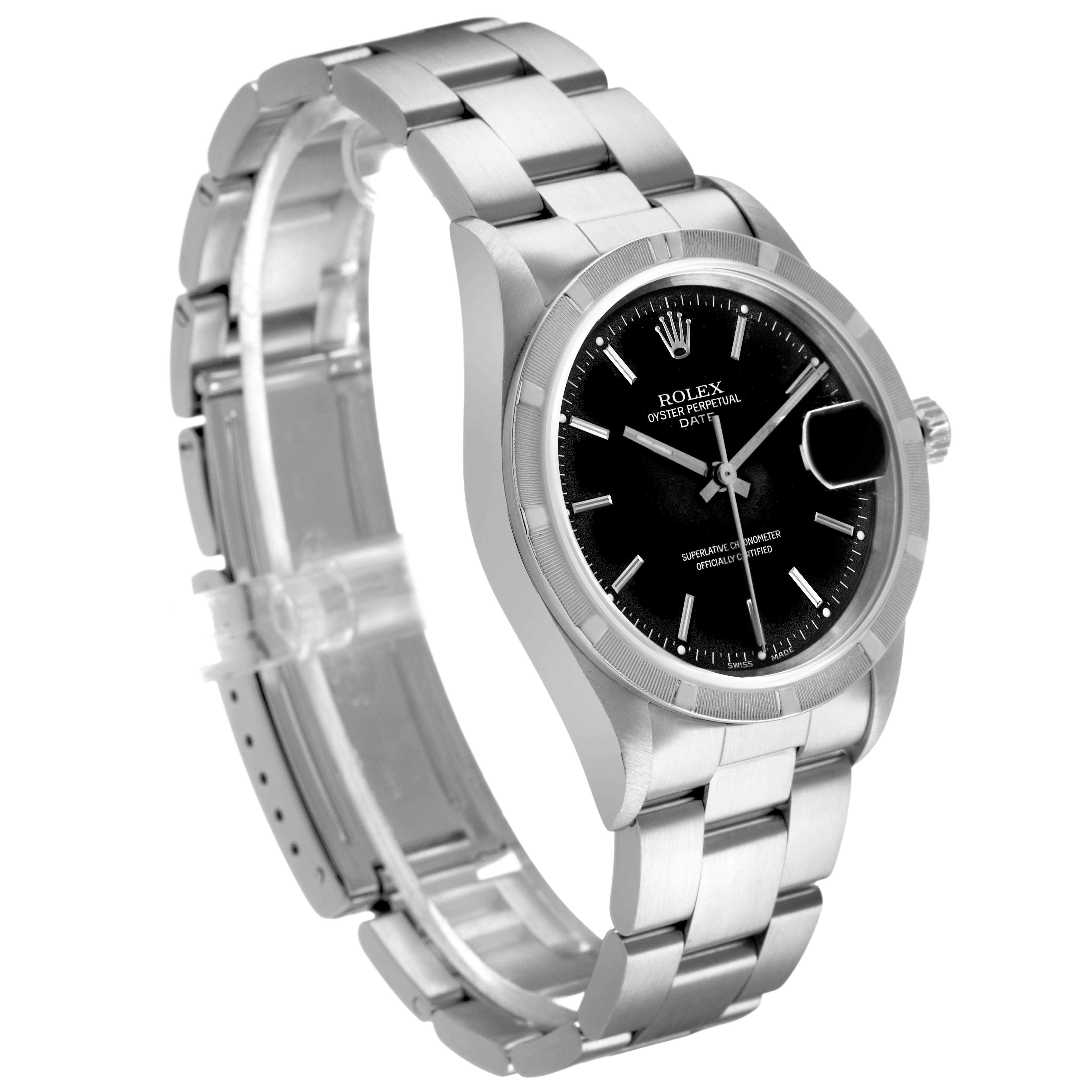 The Rolex Date 15210 Men's Stainless Steel Black Dial watch is shown at a three-quarter angle, displaying the face, bezel, and bracelet.