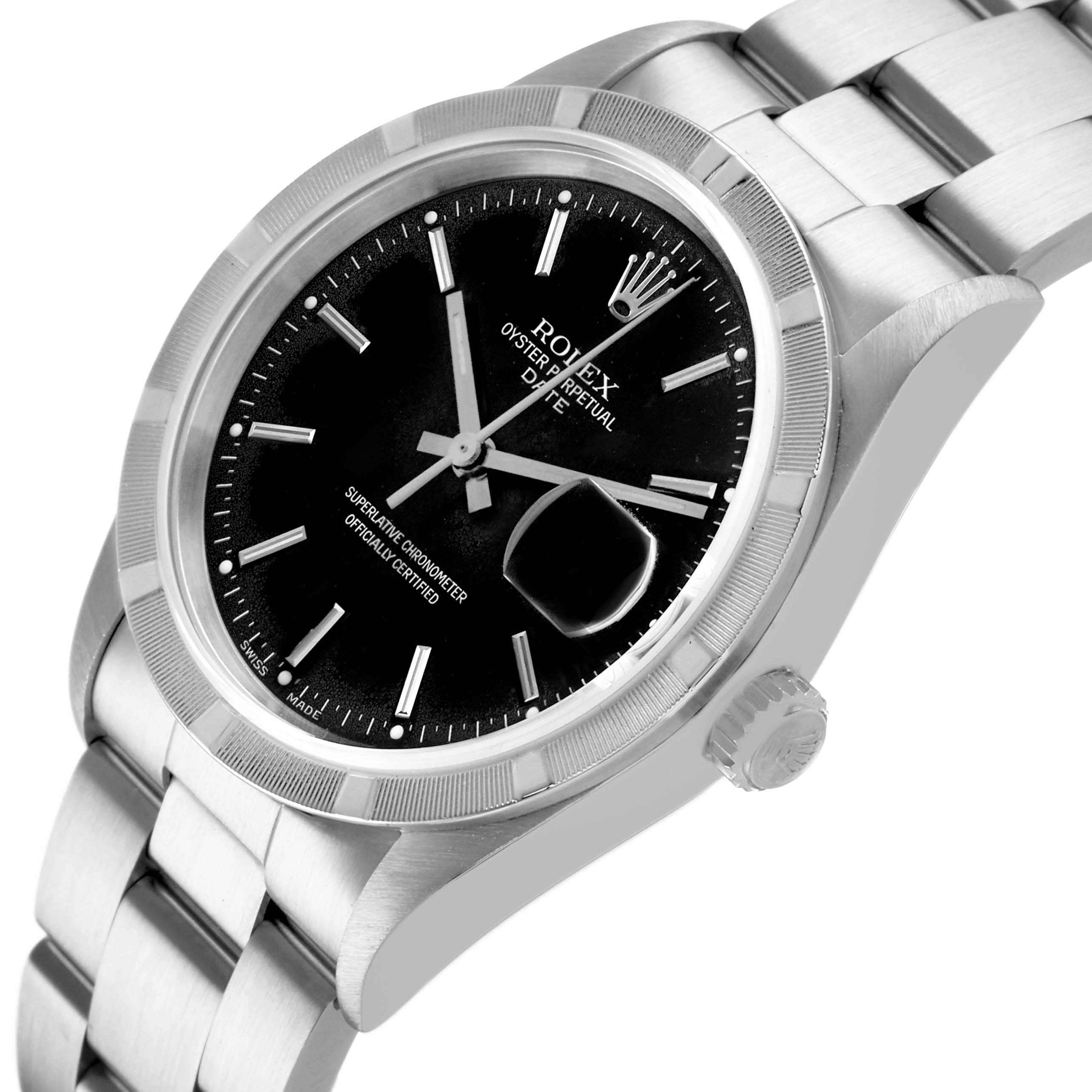 The Rolex Date 15210 Men's Stainless Steel Black Dial watch is shown from a front angle, displaying the dial, bezel, crown, and part of the bracelet.
