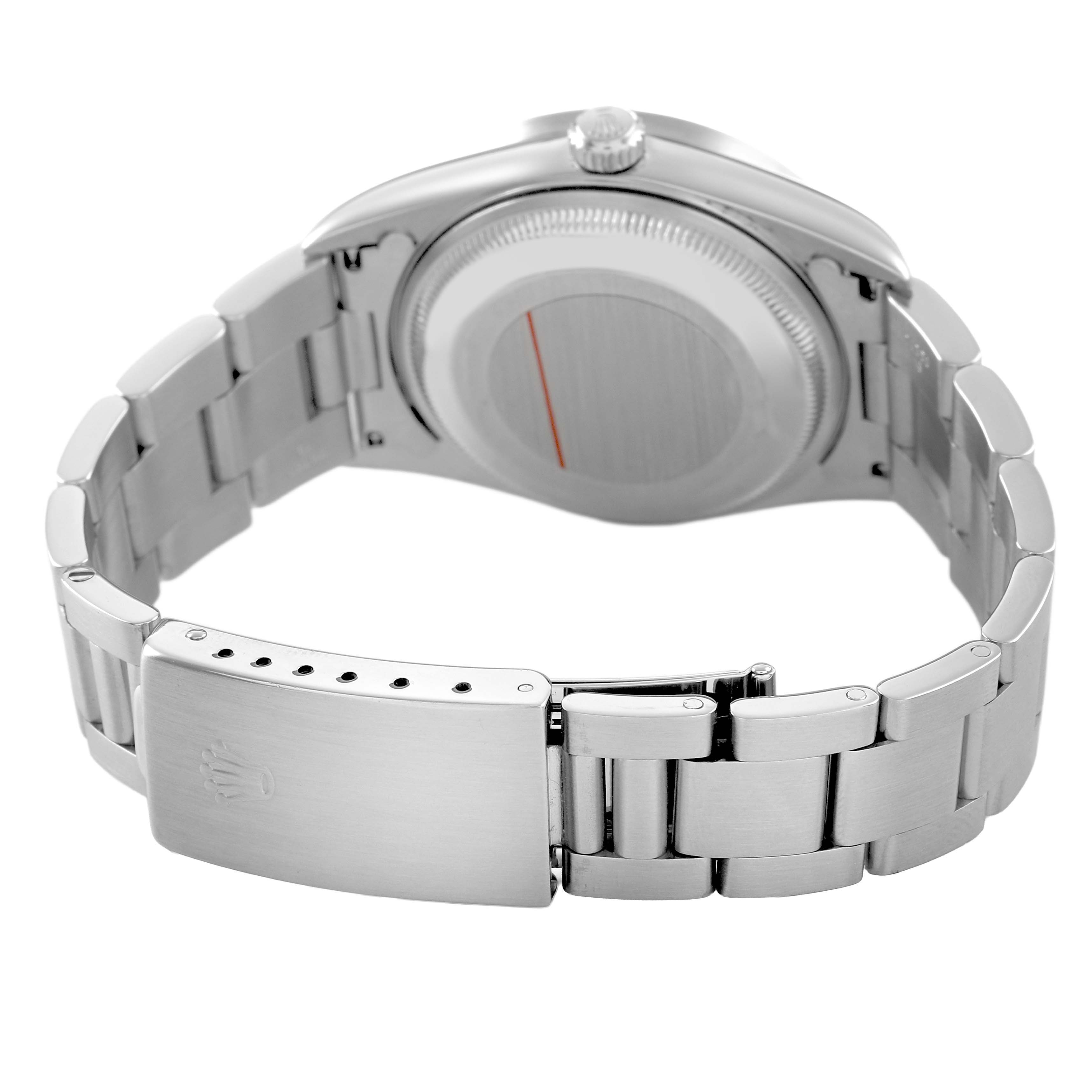 The Rolex Date 15210 Men's Stainless Steel Black Dial model watch is shown from the back, highlighting the clasp, bracelet, and case back.